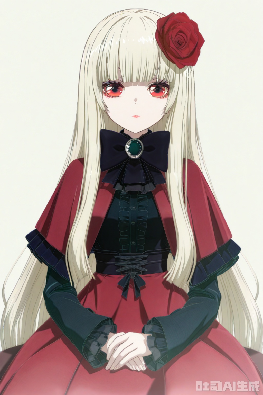 masterpiece, best quality,solo,((white background:1.2)),simple background,
looking at viewer,doll_of_saki,long hair,bangs,hair ornament,long sleeves,dress,bow,flower,hair flower,capelet,blonde hair,red eyes,blunt bangs,bowtie,black bow,rose,red flower,red rose,black bowtie