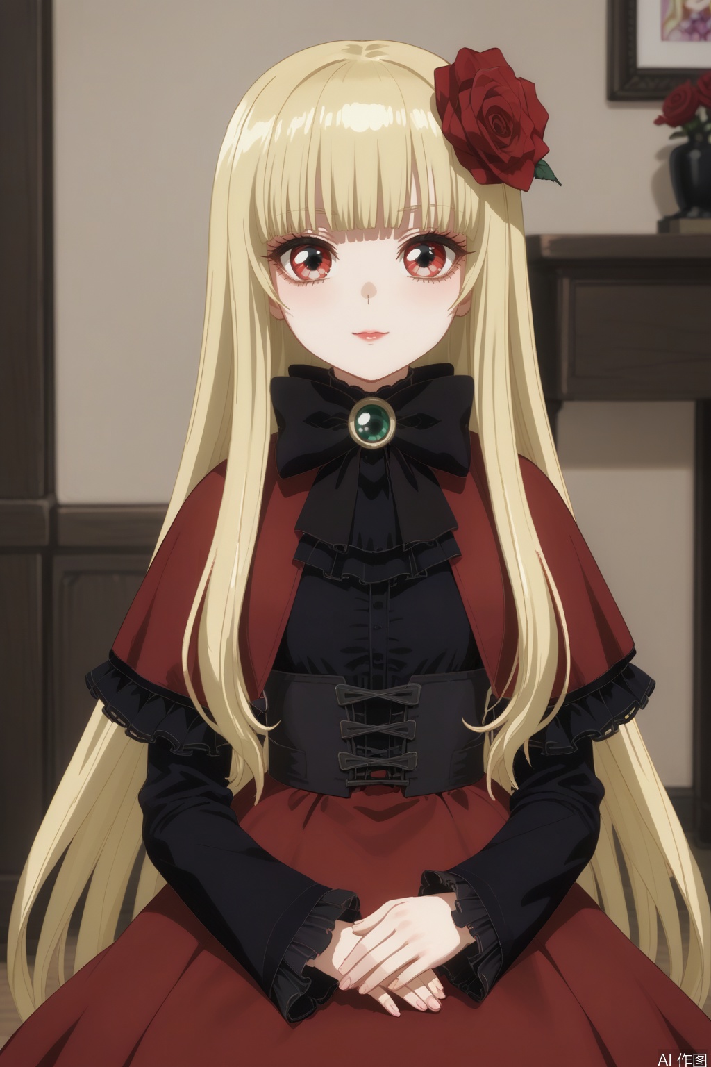 doll_of_saki,long hair,bangs,hair ornament,long sleeves,dress,bow,flower,hair flower,capelet,blonde hair,red eyes,blunt bangs,bowtie,black bow,rose,red flower,red rose,black bowtie