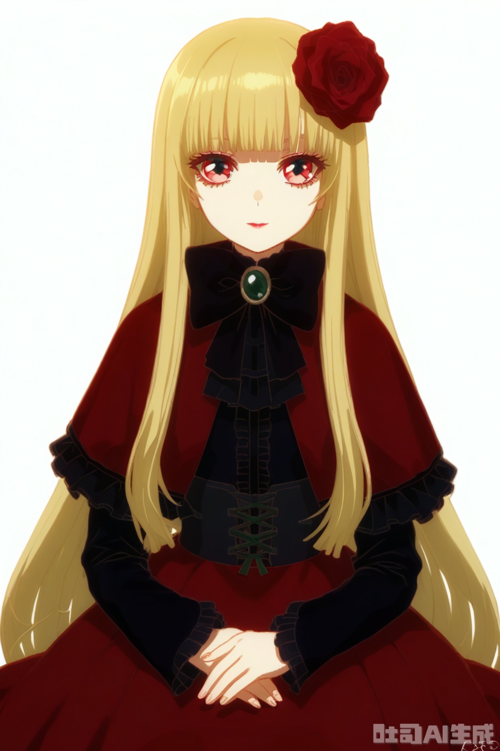 masterpiece, best quality,solo,((white background:1.2)),simple background,
looking at viewer,doll_of_saki,long hair,bangs,hair ornament,long sleeves,dress,bow,flower,hair flower,capelet,blonde hair,red eyes,blunt bangs,bowtie,black bow,rose,red flower,red rose,black bowtie