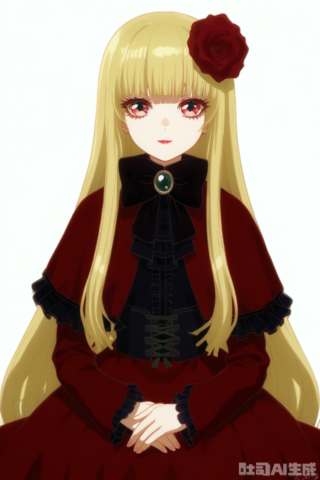 masterpiece, best quality,solo,((white background:1.2)),simple background,
looking at viewer,doll_of_saki,long hair,bangs,hair ornament,long sleeves,dress,bow,flower,hair flower,capelet,blonde hair,red eyes,blunt bangs,bowtie,black bow,rose,red flower,red rose,black bowtie