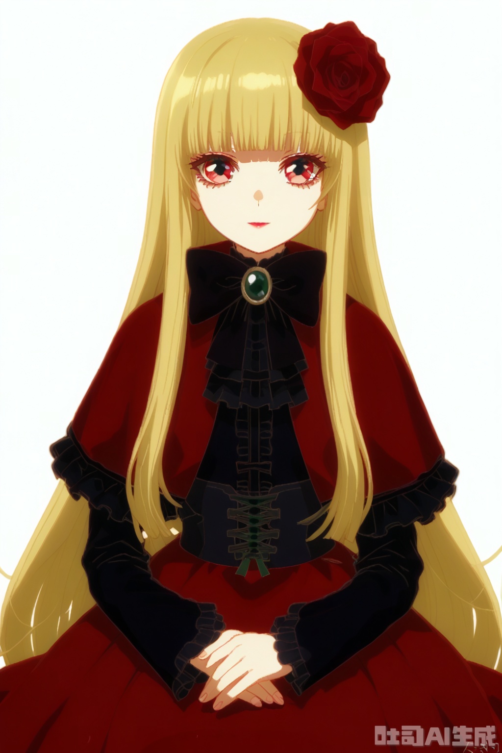 masterpiece, best quality,solo,((white background:1.2)),simple background,
looking at viewer,doll_of_saki,long hair,bangs,hair ornament,long sleeves,dress,bow,flower,hair flower,capelet,blonde hair,red eyes,blunt bangs,bowtie,black bow,rose,red flower,red rose,black bowtie
