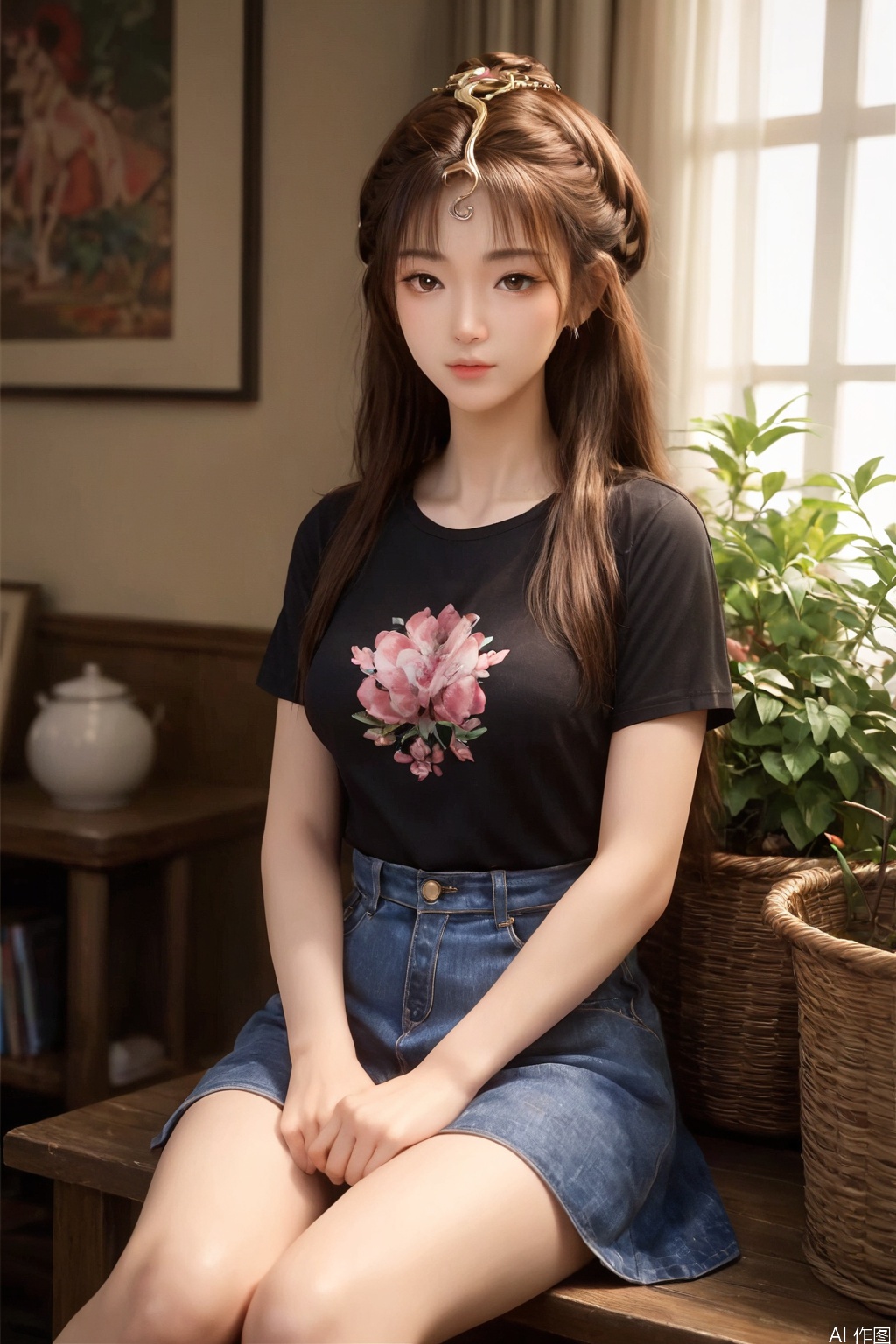 score_9,score_8_up,score_7_up,1girl, solo, long hair, breasts, brown hair, hair ornament, black t-shirt,denim skirt, brown eyes, sitting,WSY