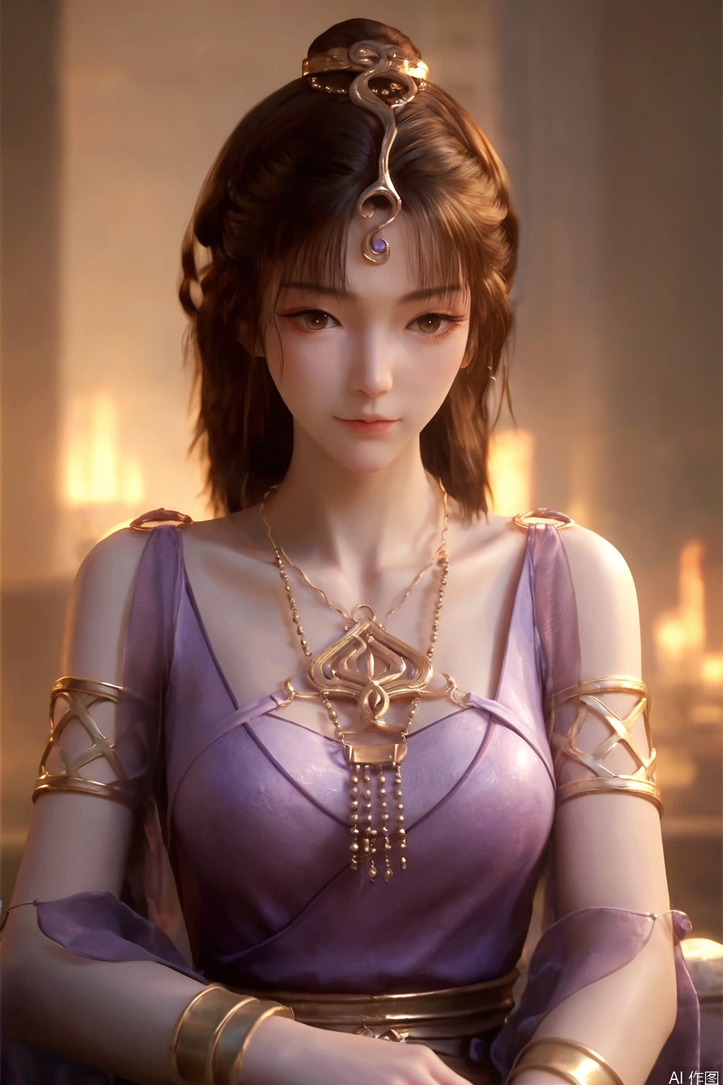 score_9,score_8_up,score_7_up,1girl, solo, long hair, breasts, brown hair, hair ornament, dress, brown eyes, jewelry, sitting, upper body, ponytail, necklace, bracelet, purple dress, armlet,WSY