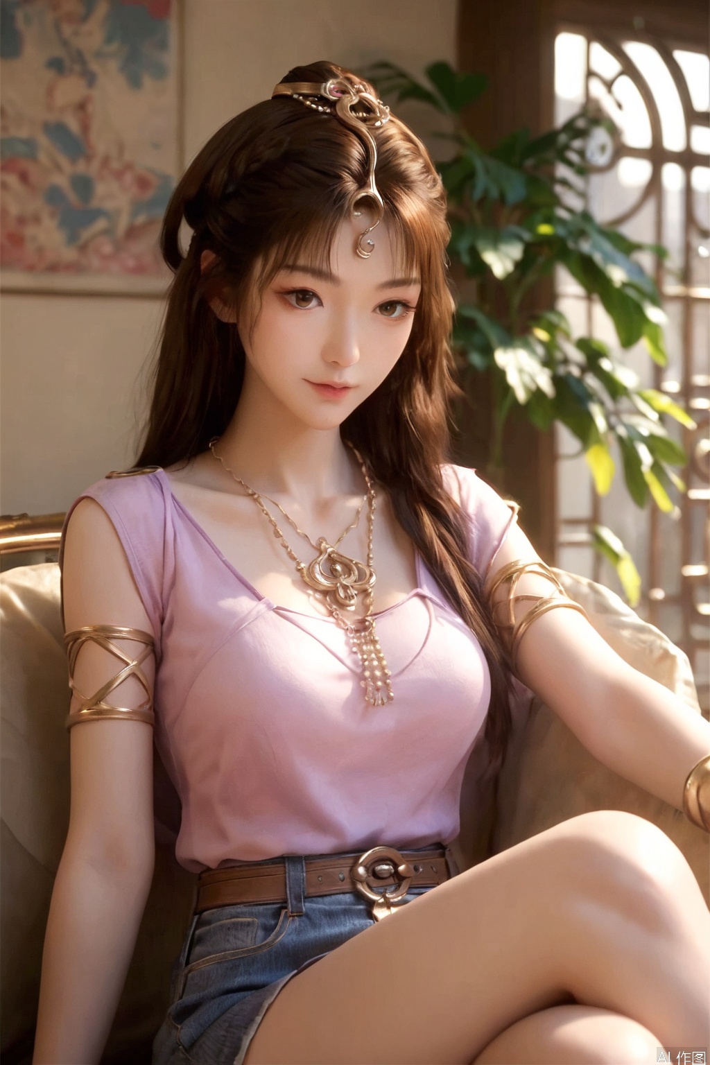 score_9,score_8_up,score_7_up,1girl, solo, long hair, breasts, brown hair, hair ornament, t-shirt,denim skirt, brown eyes, jewelry, sitting, necklace, bracelet, armlet,WSY