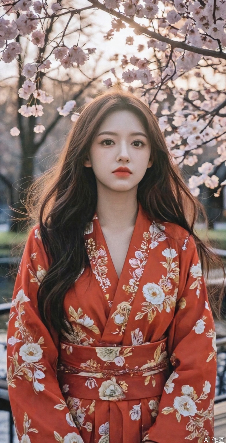 A stunning young Asian woman with long, flowing black hair and delicate features, wearing a traditional red kimono with golden embroidery. She stands gracefully beneath a canopy of blooming cherry blossoms, petals gently falling around her. The soft golden glow of the late afternoon sun filters through the branches, casting a dreamy ambiance. The background features a serene Japanese garden with a koi pond and a wooden bridge. Her expression is calm and poised, gazing into the distance. Shot with a medium close-up, cinematic depth of field, soft-focus background, and natural lighting.