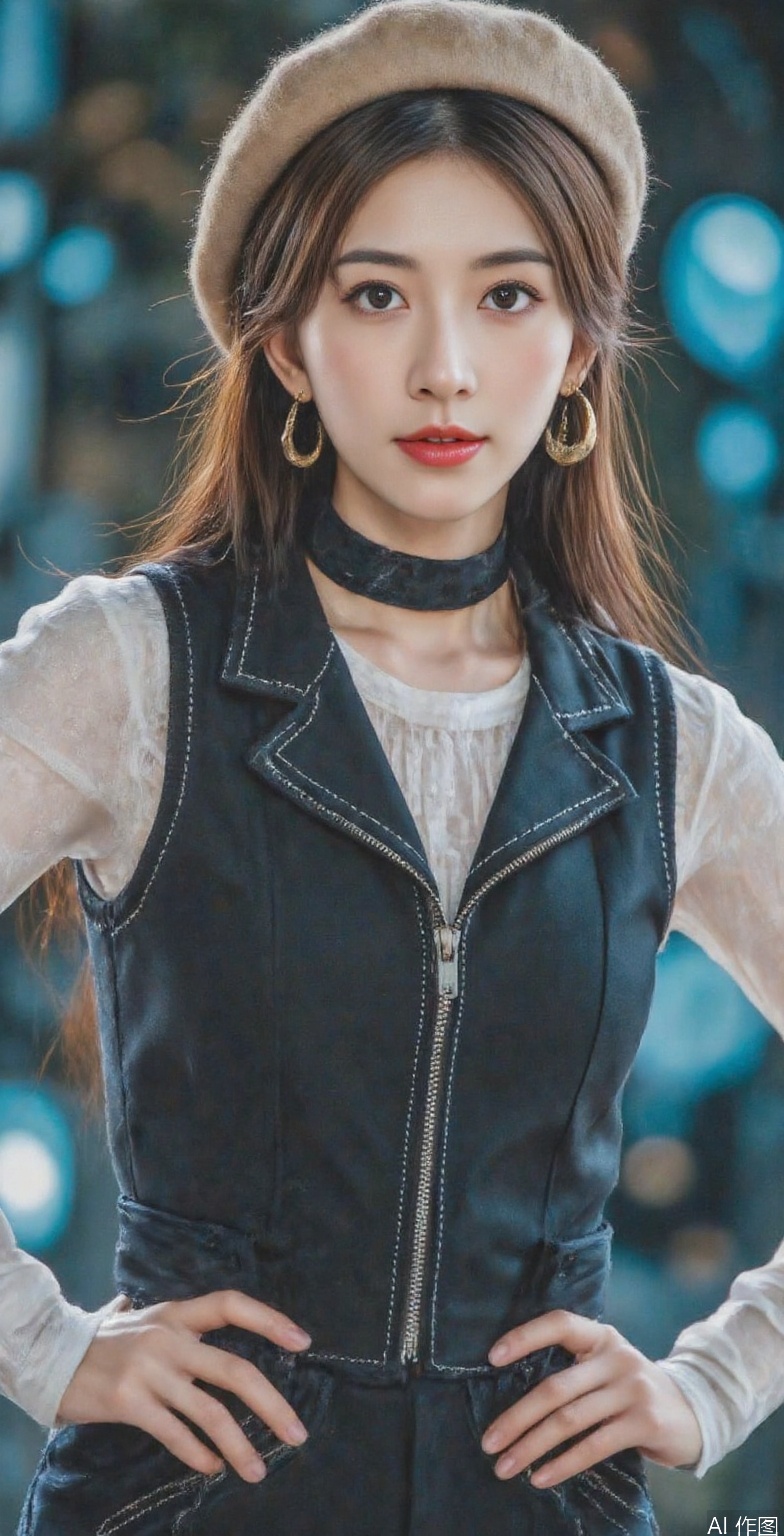 A woman with fair skin and brown hair is centered in the frame, wearing a beige beret on her head. Her brown hair is parted in the middle and falls down her shoulders. She has dark eyebrows, dark eyeliner, and red lipstick. She is wearing a black choker around her neck and gold hoop earrings. Her top has long white sleeves and a black sleeveless vest over it with a silver zipper down the front and white stitching details. Her hands are resting on her hips. The background is blurred, but hints of blue and brown suggest an outdoor setting. There are bright, hazy light flares throughout the image, particularly around the edges and above the woman's head.,linzhilin