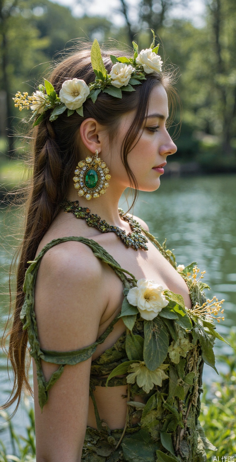 The image depicts a beautiful woman ((side profile)) standing by a serene body of water surrounded by lush greenery. She is scantily adorned in an elaborate, revealing costume that appears to be made entirely from natural elements such as leaves, flowers, and vines. Her attire includes intricate patterns and textures resembling foliage, with various shades of green dominating the design, exposing her breasts. Her hair is styled into long braids, each embellished with white blossoms and small yellow accents, creating a harmonious blend with her floral crown. The crown itself is a vibrant mix of white and green flowers, adding to the overall theme of nature. She wears large, ornate earrings featuring emerald-like stones set against gold and silver settings, which complement the rich colors of her dress. Around her neck, she has a necklace composed of similar materials, enhancing the cohesive look of her ensemble. The background features calm waters reflecting the surrounding trees and sky, contributing to the tranquil atmosphere of the scene. The lighting suggests it's daytime, casting soft shadows and highlighting the vividness of the colors in both her outfit and the environment. Overall, the image exudes a sense of fantasy and elegance, blending human beauty with natural splendor.,WOMAN AMBER HEARD.
