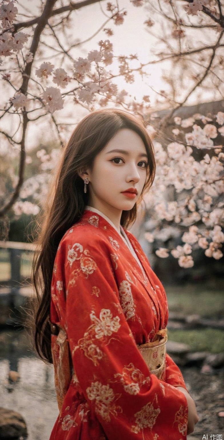 A stunning young Asian woman with long, flowing black hair and delicate features, wearing a traditional red kimono with golden embroidery. She stands gracefully beneath a canopy of blooming cherry blossoms, petals gently falling around her. The soft golden glow of the late afternoon sun filters through the branches, casting a dreamy ambiance. The background features a serene Japanese garden with a koi pond and a wooden bridge. Her expression is calm and poised, gazing into the distance. Shot with a medium close-up, cinematic depth of field, soft-focus background, and natural lighting.