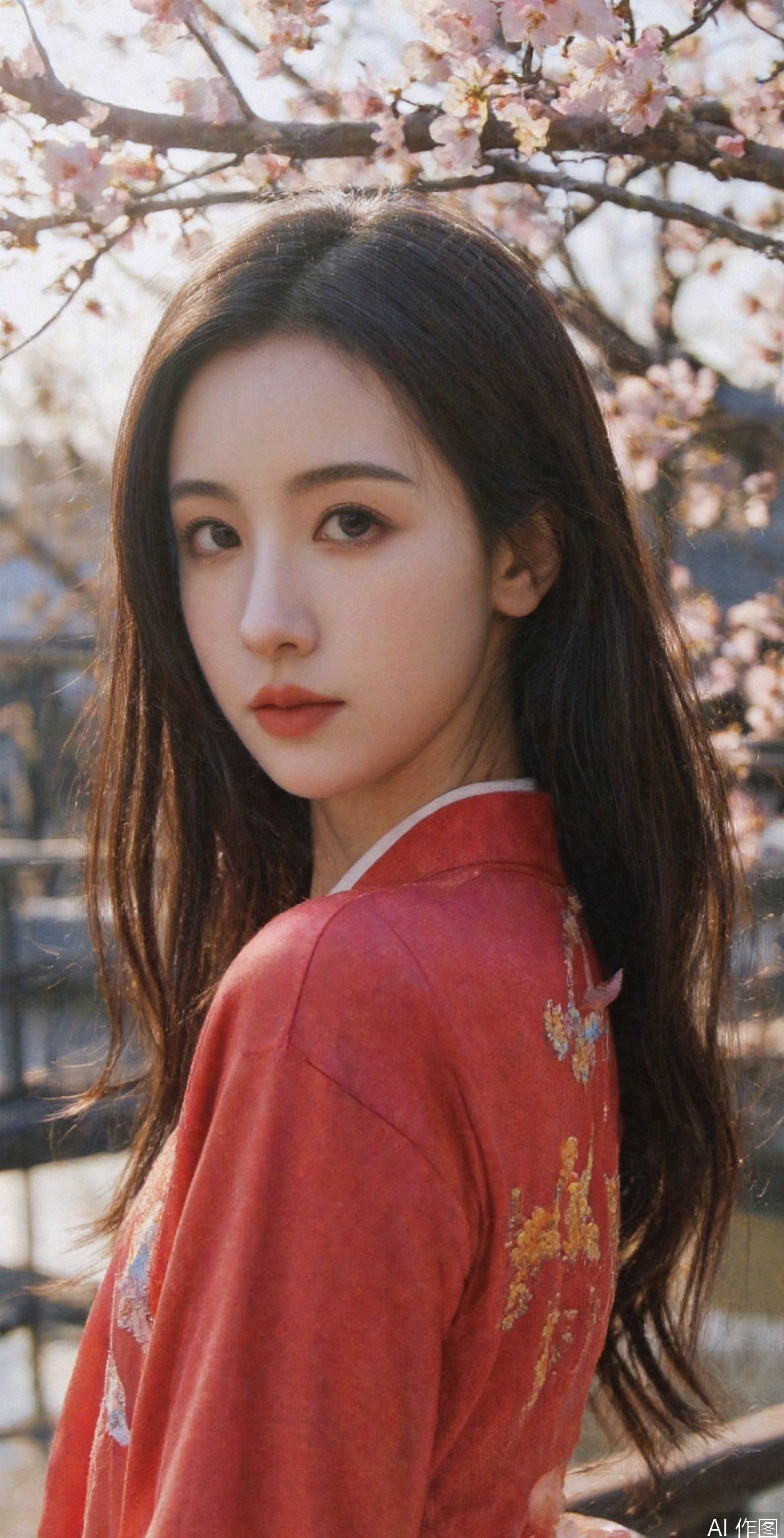 A stunning young Asian woman with long, flowing black hair and delicate features, wearing a traditional red kimono with golden embroidery. She stands gracefully beneath a canopy of blooming cherry blossoms, petals gently falling around her. The soft golden glow of the late afternoon sun filters through the branches, casting a dreamy ambiance. The background features a serene Japanese garden with a koi pond and a wooden bridge. Her expression is calm and poised, gazing into the distance. Shot with a medium close-up, cinematic depth of field, soft-focus background, and natural lighting.