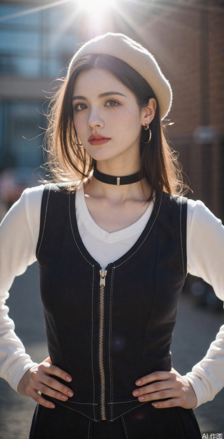 A woman with fair skin and brown hair is centered in the frame, wearing a beige beret on her head. Her brown hair is parted in the middle and falls down her shoulders. She has dark eyebrows, dark eyeliner, and red lipstick. She is wearing a black choker around her neck and gold hoop earrings. Her top has long white sleeves and a black sleeveless vest over it with a silver zipper down the front and white stitching details. Her hands are resting on her hips. The background is blurred, but hints of blue and brown suggest an outdoor setting. There are bright, hazy light flares throughout the image, particularly around the edges and above the woman's head.