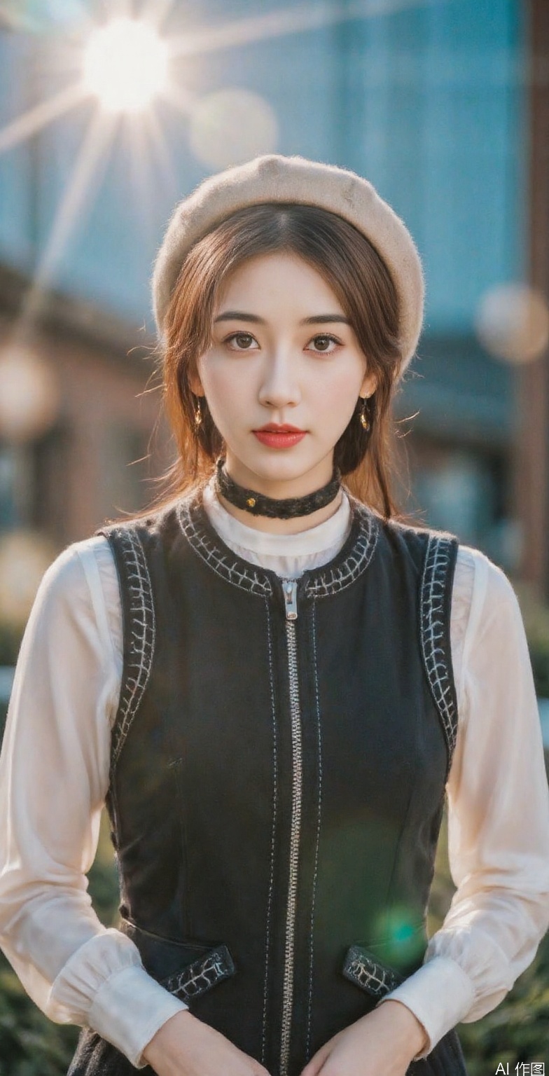 A woman with fair skin and brown hair is centered in the frame, wearing a beige beret on her head. Her brown hair is parted in the middle and falls down her shoulders. She has dark eyebrows, dark eyeliner, and red lipstick. She is wearing a black choker around her neck and gold hoop earrings. Her top has long white sleeves and a black sleeveless vest over it with a silver zipper down the front and white stitching details. Her hands are resting on her hips. The background is blurred, but hints of blue and brown suggest an outdoor setting. There are bright, hazy light flares throughout the image, particularly around the edges and above the woman's head.,linzhilin