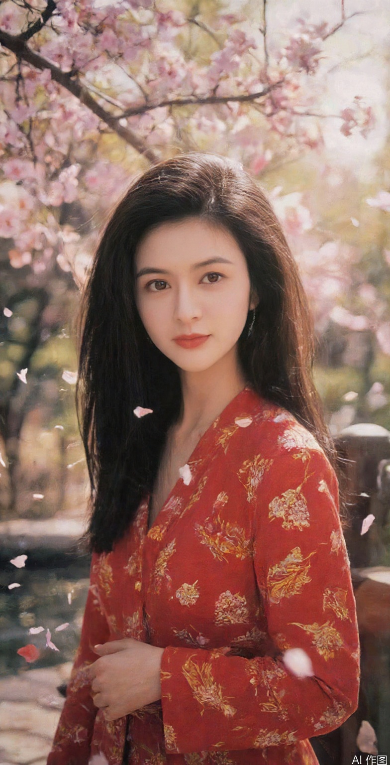A stunning young Asian woman with long, flowing black hair and delicate features, wearing a traditional red kimono with golden embroidery. She stands gracefully beneath a canopy of blooming cherry blossoms, petals gently falling around her. The soft golden glow of the late afternoon sun filters through the branches, casting a dreamy ambiance. The background features a serene Japanese garden with a koi pond and a wooden bridge. Her expression is calm and poised, gazing into the distance. Shot with a medium close-up, cinematic depth of field, soft-focus background, and natural lighting.