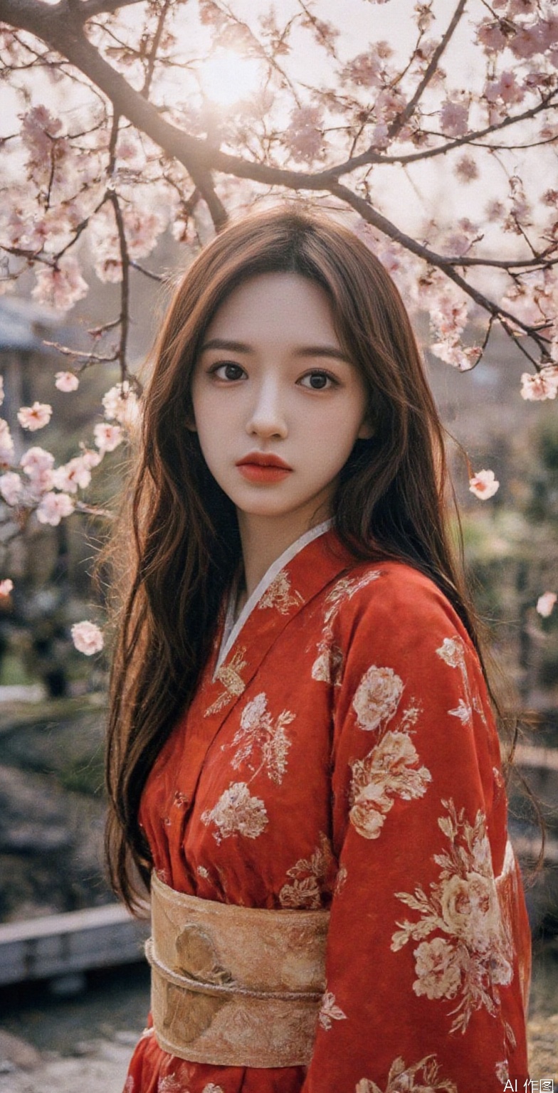 A stunning young Asian woman with long, flowing black hair and delicate features, wearing a traditional red kimono with golden embroidery. She stands gracefully beneath a canopy of blooming cherry blossoms, petals gently falling around her. The soft golden glow of the late afternoon sun filters through the branches, casting a dreamy ambiance. The background features a serene Japanese garden with a koi pond and a wooden bridge. Her expression is calm and poised, gazing into the distance. Shot with a medium close-up, cinematic depth of field, soft-focus background, and natural lighting.