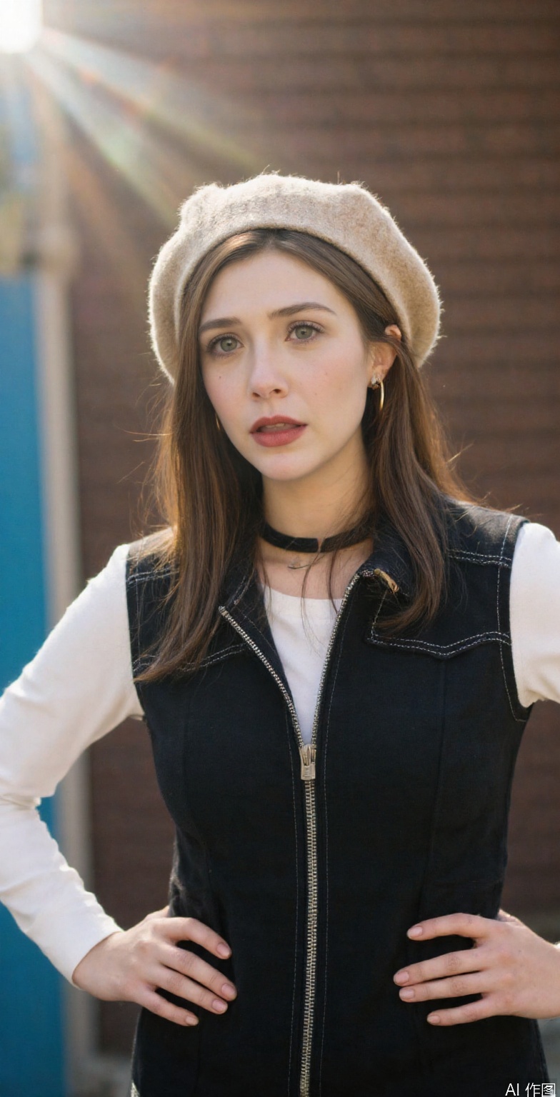 A woman with fair skin and brown hair is centered in the frame, wearing a beige beret on her head. Her brown hair is parted in the middle and falls down her shoulders. She has dark eyebrows, dark eyeliner, and red lipstick. She is wearing a black choker around her neck and gold hoop earrings. Her top has long white sleeves and a black sleeveless vest over it with a silver zipper down the front and white stitching details. Her hands are resting on her hips. The background is blurred, but hints of blue and brown suggest an outdoor setting. There are bright, hazy light flares throughout the image, particularly around the edges and above the woman's head.,ELIZABETH OLSEN