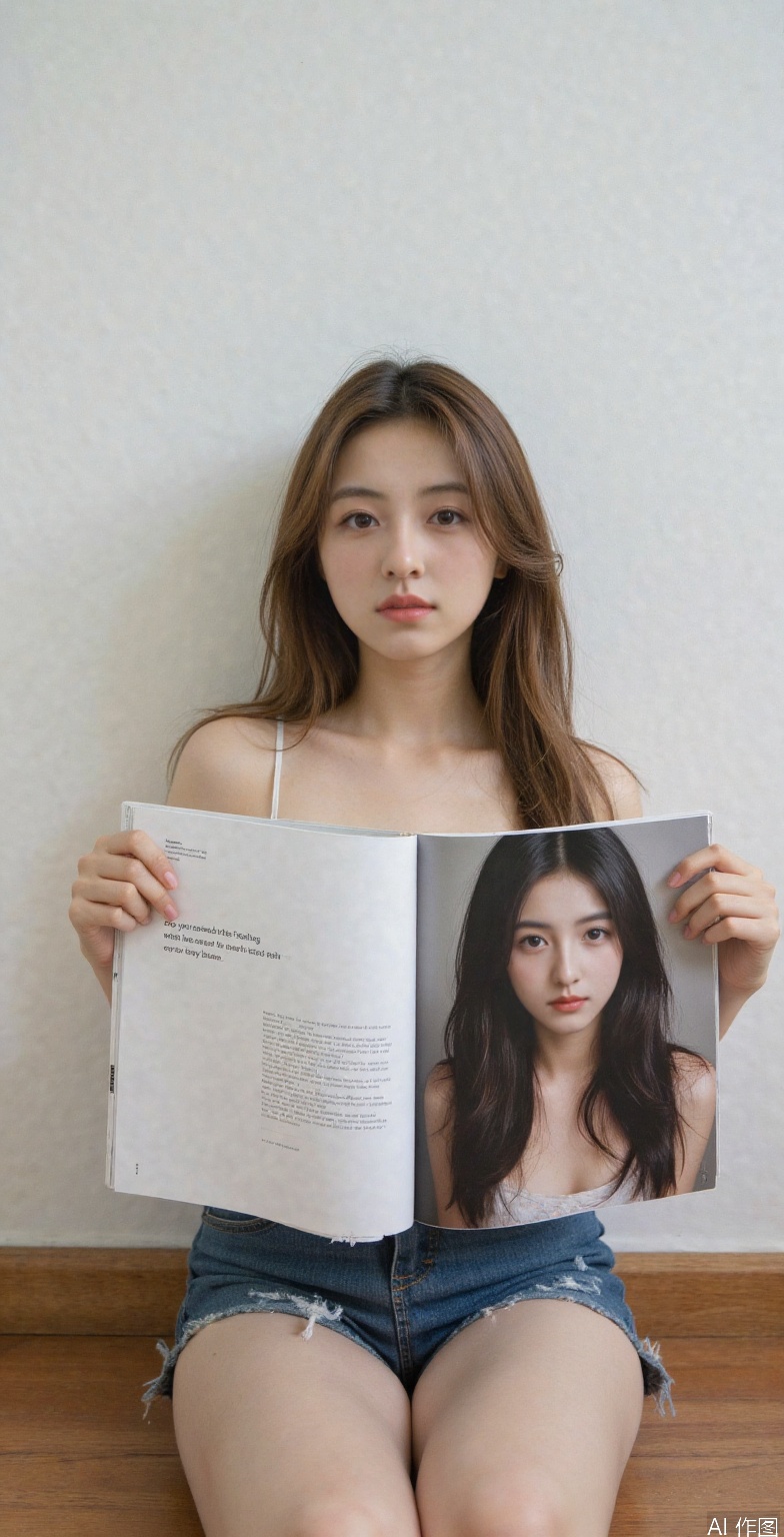 A woman Tangwei. with light brown hair and brown eyes is sitting on the floor, facing forward and looking directly at the viewer. Her hair is wavy and falls around her shoulders. She has light makeup on, including eyeshadow and lip color. She is wearing a light-colored top and denim shorts with frayed edges. She is holding a magazine open in front of her. The left page of the magazine has text that reads "Do you remember this feeling when time seems to stop certain places? And at the same time every starts to aroun". The right page of the magazine features a photograph of another woman with dark hair and brown eyes, looking slightly to the right. The background is a plain white wall with a wooden baseboard along the bottom. The lighting in the image is soft and natural.