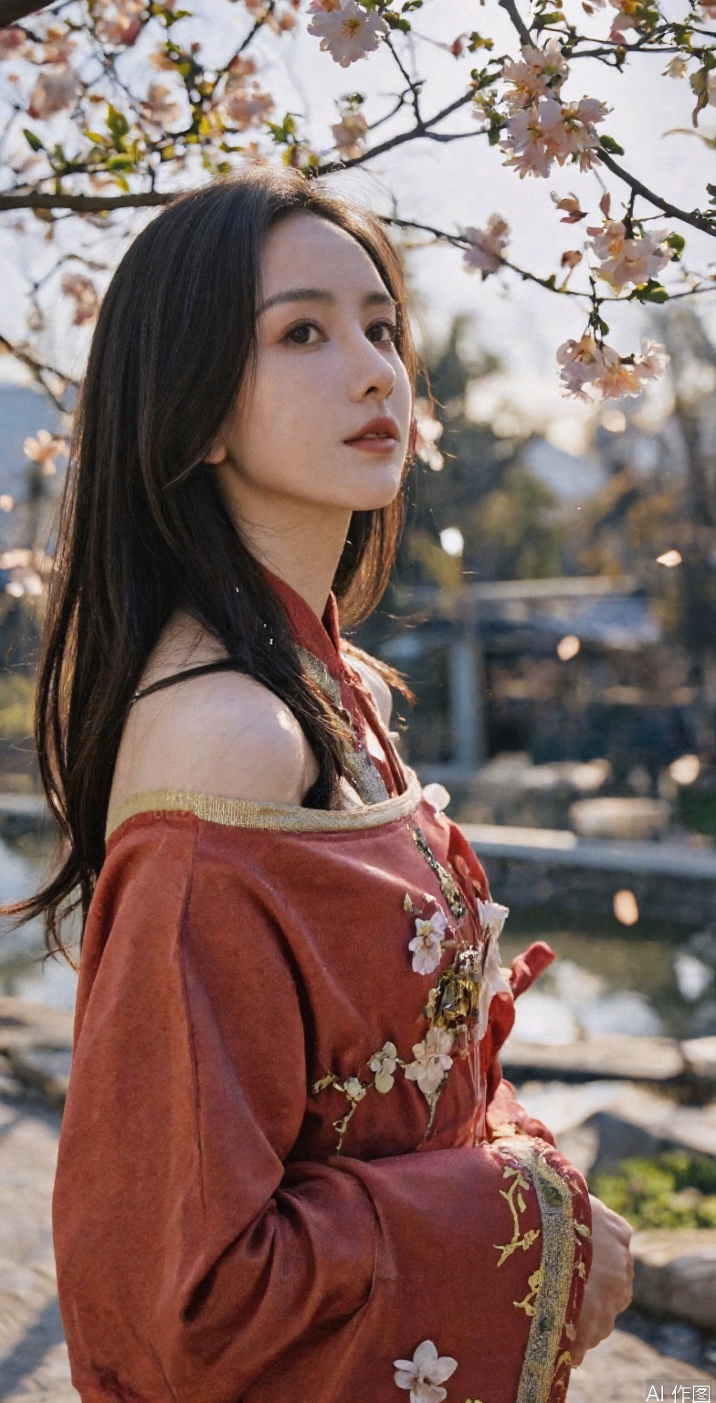 A stunning young Asian woman with long, flowing black hair and delicate features, wearing a traditional red kimono with golden embroidery. She stands gracefully beneath a canopy of blooming cherry blossoms, petals gently falling around her. The soft golden glow of the late afternoon sun filters through the branches, casting a dreamy ambiance. The background features a serene Japanese garden with a koi pond and a wooden bridge. Her expression is calm and poised, gazing into the distance. Shot with a medium close-up, cinematic depth of field, soft-focus background, and natural lighting.