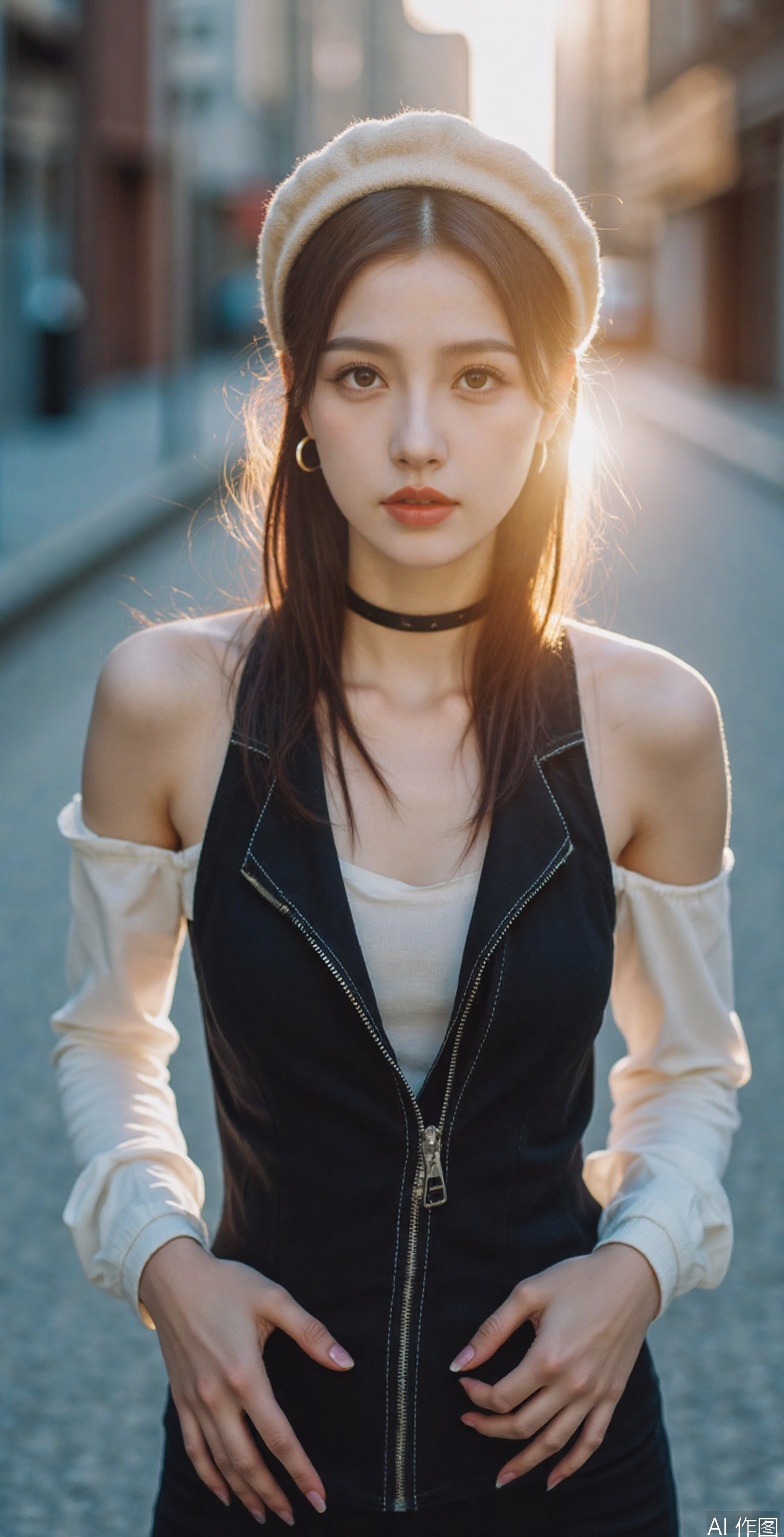 A woman with fair skin and brown hair is centered in the frame, wearing a beige beret on her head. Her brown hair is parted in the middle and falls down her shoulders. She has dark eyebrows, dark eyeliner, and red lipstick. She is wearing a black choker around her neck and gold hoop earrings. Her top has long white sleeves and a black sleeveless vest over it with a silver zipper down the front and white stitching details. Her hands are resting on her hips. The background is blurred, but hints of blue and brown suggest an outdoor setting. There are bright, hazy light flares throughout the image, particularly around the edges and above the woman's head.