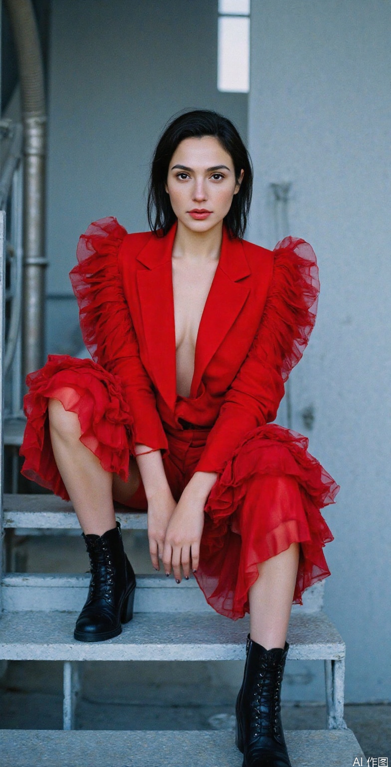 A stylish woman in a bold red avant-garde suit, sitting confidently on a modern staircase. The suit features layered tulle ruffles, adding a dramatic and fashion-forward touch. Her dark, tousled hair and minimal makeup enhance the effortlessly chic aesthetic. She wears sleek black boots, contrasting sharply with the red ensemble. The cool-toned, industrial setting provides a contemporary and edgy vibe. (large breast,large hips,supermodel body),Gal Gadot