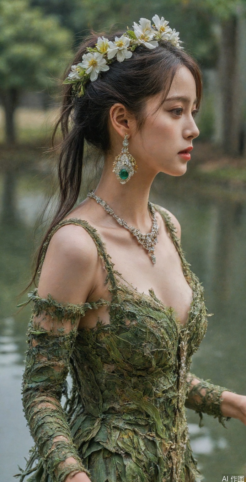 The image depicts a beautiful woman ((side profile)) standing by a serene body of water surrounded by lush greenery. She is scantily adorned in an elaborate, revealing costume that appears to be made entirely from natural elements such as leaves, flowers, and vines. Her attire includes intricate patterns and textures resembling foliage, with various shades of green dominating the design, exposing her breasts. Her hair is styled into long braids, each embellished with white blossoms and small yellow accents, creating a harmonious blend with her floral crown. The crown itself is a vibrant mix of white and green flowers, adding to the overall theme of nature. She wears large, ornate earrings featuring emerald-like stones set against gold and silver settings, which complement the rich colors of her dress. Around her neck, she has a necklace composed of similar materials, enhancing the cohesive look of her ensemble. The background features calm waters reflecting the surrounding trees and sky, contributing to the tranquil atmosphere of the scene. The lighting suggests it's daytime, casting soft shadows and highlighting the vividness of the colors in both her outfit and the environment. Overall, the image exudes a sense of fantasy and elegance, blending human beauty with natural splendor.,WOMAN AMBER HEARD.