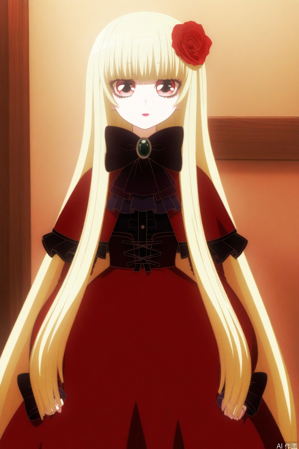 doll_of_saki,long hair,bangs,hair ornament,long sleeves,dress,bow,flower,hair flower,capelet,blonde hair,red eyes,blunt bangs,bowtie,black bow,rose,red flower,red rose,black bowtie