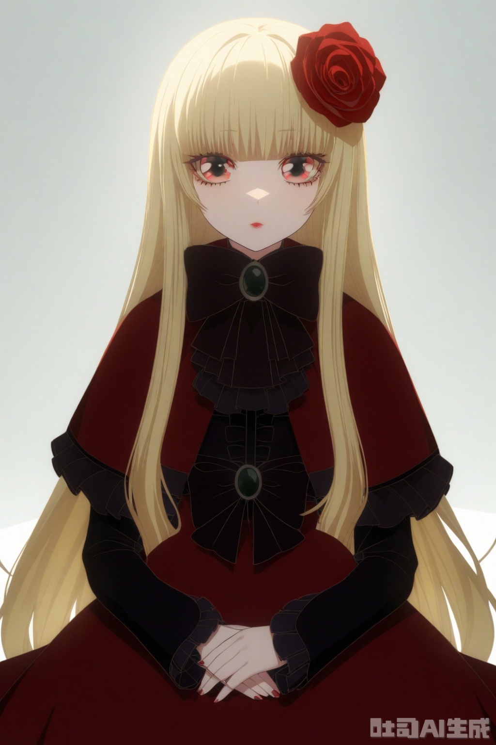 masterpiece, best quality,solo,((white background:1.2)),simple background,
looking at viewer,doll_of_saki,long hair,bangs,hair ornament,long sleeves,dress,bow,flower,hair flower,capelet,blonde hair,red eyes,blunt bangs,bowtie,black bow,rose,red flower,red rose,black bowtie