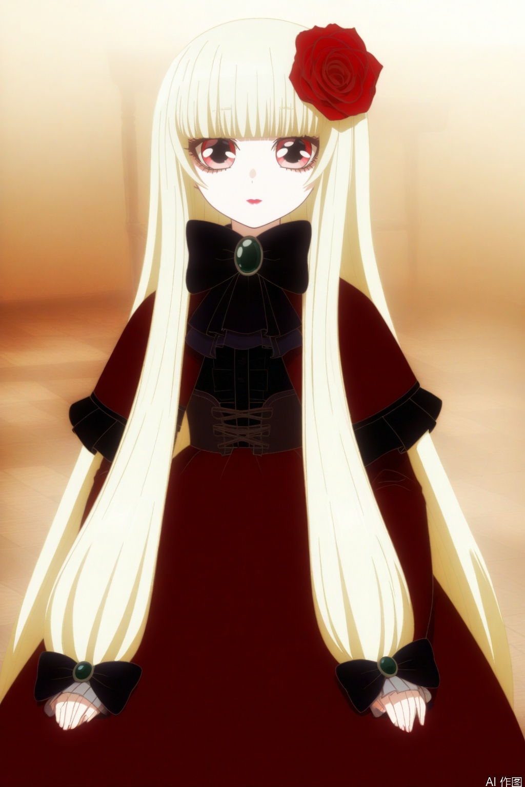 doll_of_saki,long hair,bangs,hair ornament,long sleeves,dress,bow,flower,hair flower,capelet,blonde hair,red eyes,blunt bangs,bowtie,black bow,rose,red flower,red rose,black bowtie
