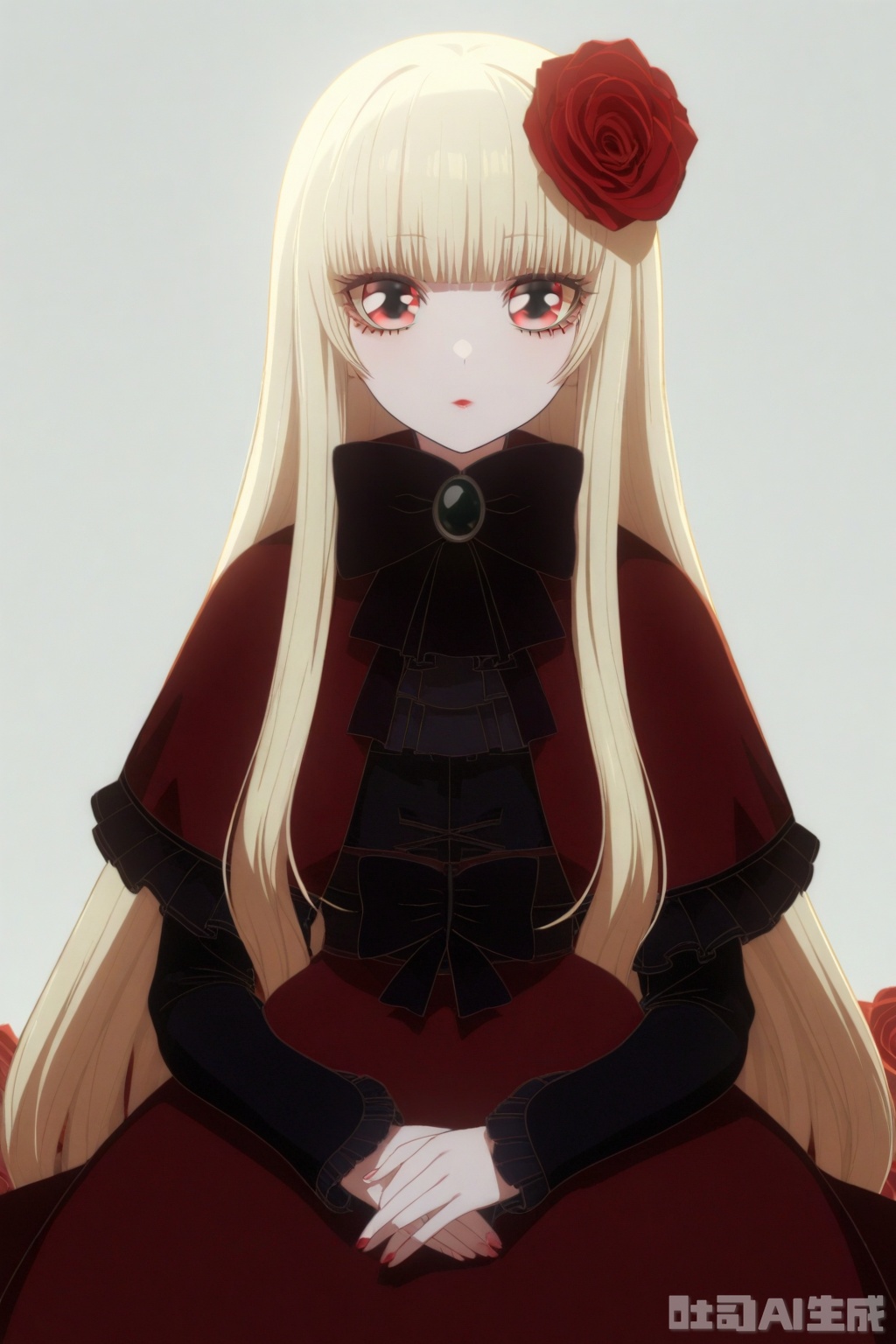 masterpiece, best quality,solo,((white background:1.2)),simple background,
looking at viewer,doll_of_saki,long hair,bangs,hair ornament,long sleeves,dress,bow,flower,hair flower,capelet,blonde hair,red eyes,blunt bangs,bowtie,black bow,rose,red flower,red rose,black bowtie