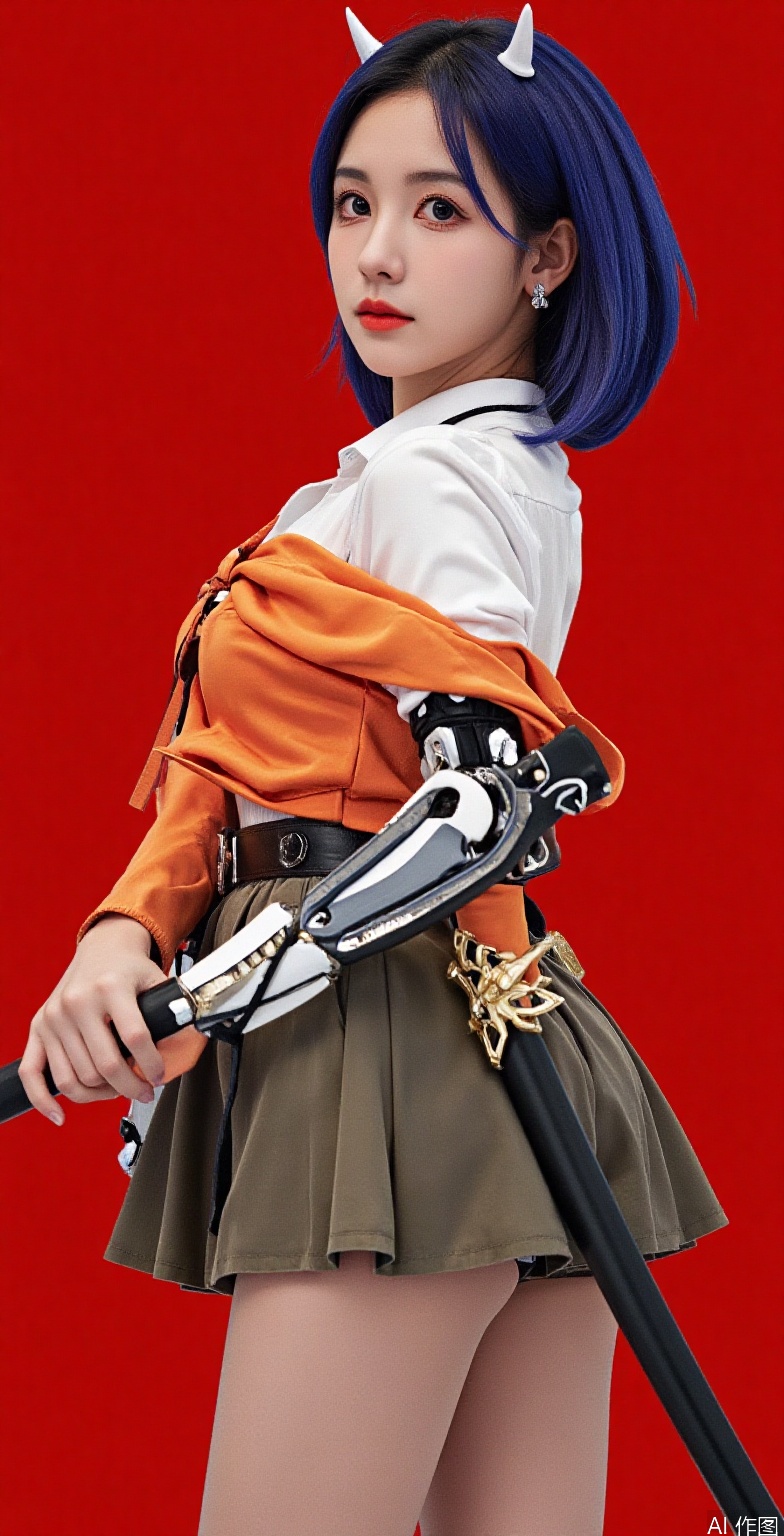 solo, 1girl, horns, blue hair, Bob, earrings, sheathed, ear piercing, oni, looking at viewer, katana, holding sword, robot joints, cyborg, mechanical arms, scabbard, mechanical parts, mechanical hands, holding sheath, orange jacket, long sleeves, olive color skirt, huge breasts, saggy breasts, abs, wide hips, thick thighs, tan pantyhose, see-through pantyhose, Super Strength Pose, from behind, cyberpunk, science fiction, red background, simple background,COSPLAY