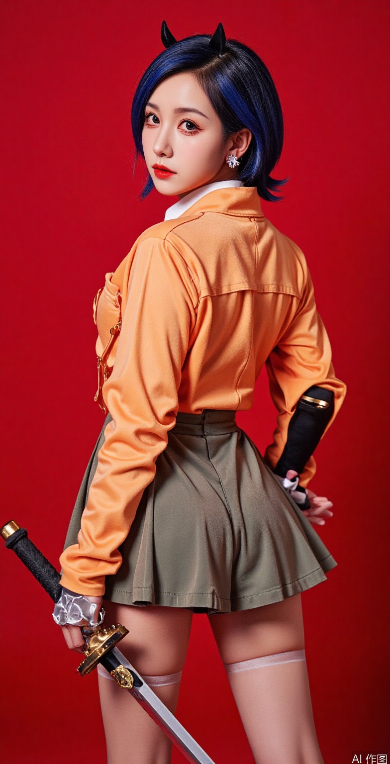 solo, 1girl, horns, blue hair, Bob, earrings, sheathed, ear piercing, oni, looking at viewer, katana, holding sword, robot joints, cyborg, mechanical arms, scabbard, mechanical parts, mechanical hands, holding sheath, orange jacket, long sleeves, olive color skirt, huge breasts, saggy breasts, abs, wide hips, thick thighs, tan pantyhose, see-through pantyhose, Super Strength Pose, from behind, cyberpunk, science fiction, red background, simple background,COSPLAY