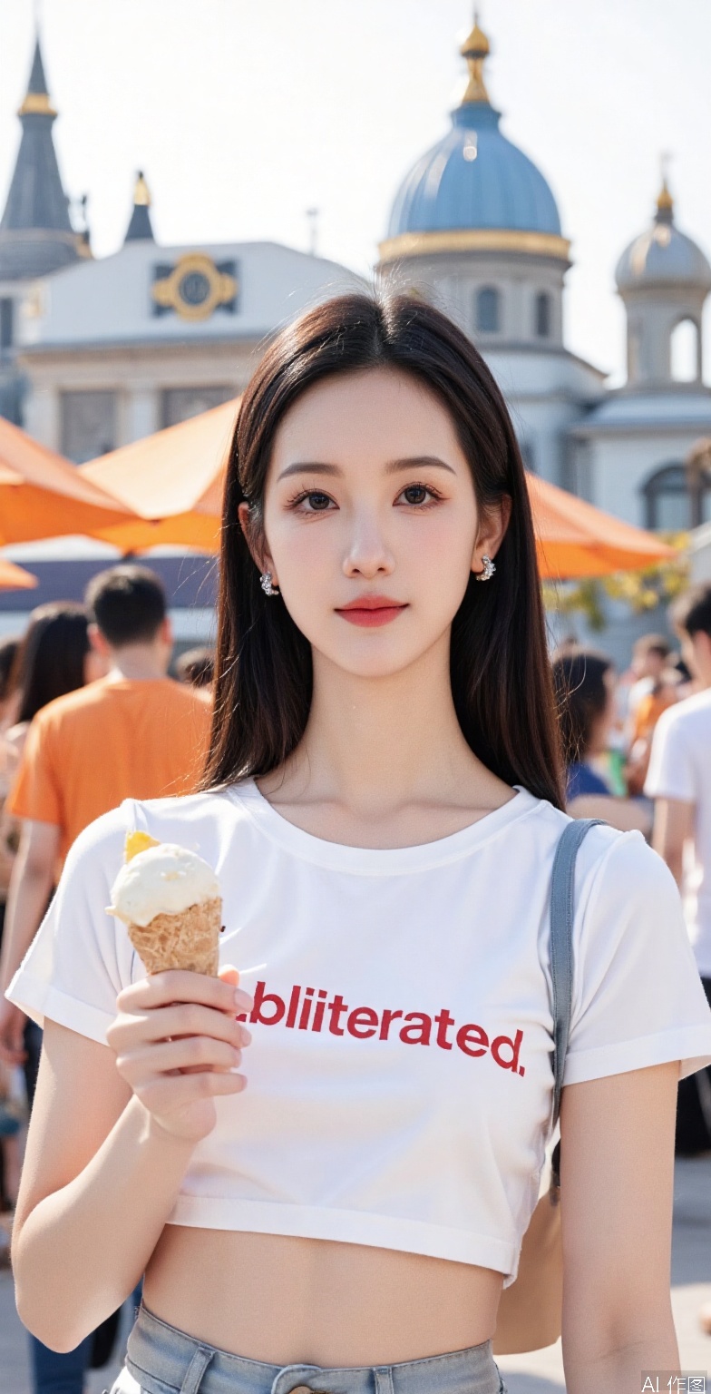 The image features a pretty young woman standing outdoors with her hair tied back in a ponytail. She is wearing a white crop top that has bold red text across the chest, reading "Abliterated" printed on it. The woman is holding an ice cream cone in her right hand, which appears to be vanilla-flavored based on its color and texture. Her left hand is by her side. In the background, there's a blurred crowd of people, some of whom are wearing orange shirts. Behind them, several orange umbrellas or canopies are visible, suggesting this might be a public event or gathering. Further back, iconic architectural structures with colorful domes can be seen, indicating that the location could be near a famous landmark or historical site. The overall atmosphere seems lively and festive.