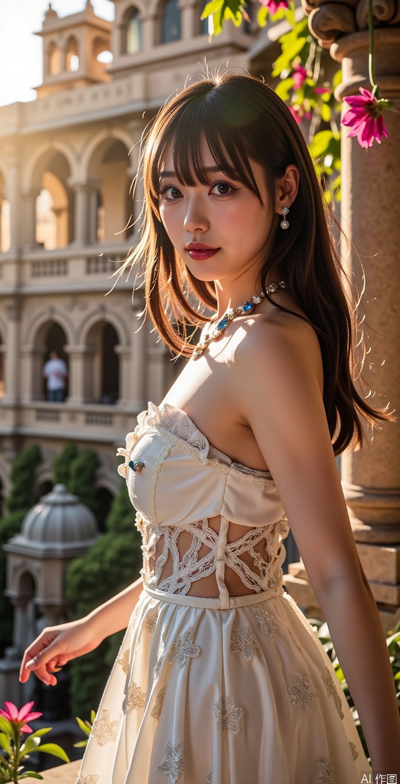 A ravishing apsara, adorned in a resplendent crystal bra that refracts and reflects the warm sunlight into a kaleidoscope of colors, stands majestically on the sun-kissed terrace of an intricately designed Indian castle, its stone walls weathered to a soft golden brown and covered in vibrant flowering plants with delicate petals in shades of crimson, amber, and emerald green that cascade down like a lush tapestry. The soft, diffused light, infused with the warmth of the setting sun, dances across her porcelain skin, accentuating every curve and nuance, from the subtle contours of her face to the gentle sway of her hips, while the shallow depth of field blurs the lush foliage into a warm, golden haze that seems to vibrate with an otherworldly energy. Her captivating gaze, filled with playful allure and a hint of mischief, locks onto the viewer as she exudes an air of confidence and charm, her piercing sapphire eyes sparkling like gemstones in the fading light, drawing the viewer in with an irresistible allure that seems to transcend time and space. As she stands poised on the edge of the terrace, the wind whispers through her hair, rustling the delicate strands into a soft, ethereal dance that adds a sense of dynamic movement to the scene, while the castle's facade, with its intricate carvings and ornate details, stretches out behind her like a richly textured backdrop, inviting the viewer to explore its secrets. The camera captures her in exquisite detail, from the delicate petals of the flowers to the intricate carvings on the castle's facade, as if frozen in time, a true masterpiece of high-definition, hyperrealistic art that seems to pulse with a deep emotional resonance, as if the apsara's very essence has been distilled into this single, perfect moment. With a subtle lens flare that adds a touch of warmth and depth to the image, and a hint of fashionable elegance that infuses the scene with a sense of sophisticated glamour, the overall effect is one of breathtaking beauty and captivating allure, a true work of art that seems to transport the viewer to a world of enchantment and wonder.,CROSS-LACED MINI DRESS,HARUKA,COSPLAY