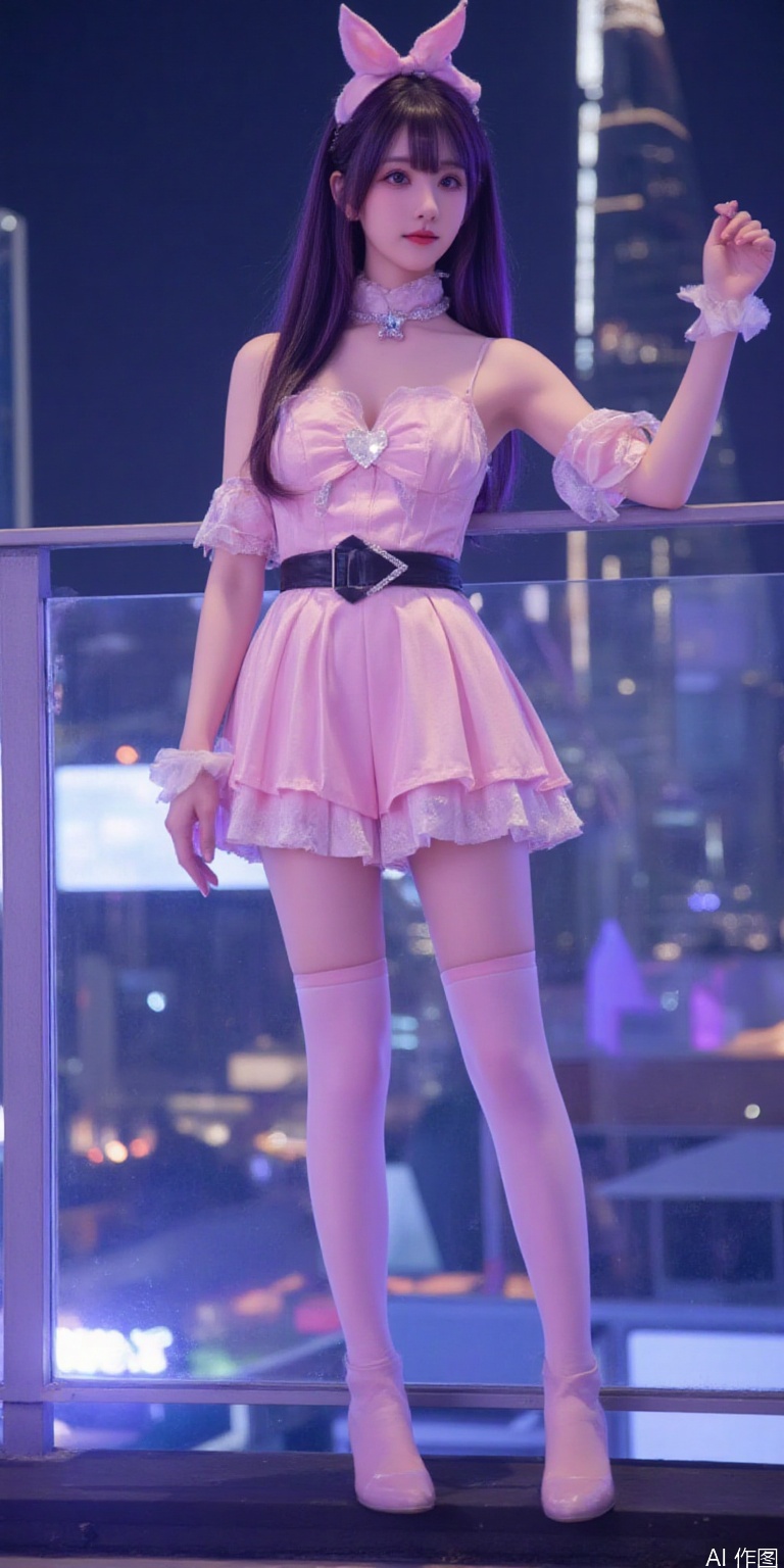 A photo of a slim beautiful woman in oshinoko-hoshino-ai cosplay costume. She is wearing idol clothes contains pink two-tone sleeveless turtleneck frilled dress with heart brooch and frills and black belt, and pink frilled gloves and pink high heel thigh boots. She has long purple hair with sidelocks and rabbit hair ornament and hair ribbon. She is standing on the edge of the roof with neon and led lights, behind is a futuristic cyberpunk skyline with skyscrapers. The photo is a full body shot with her entire body visible and with detail background.,COSPLAY