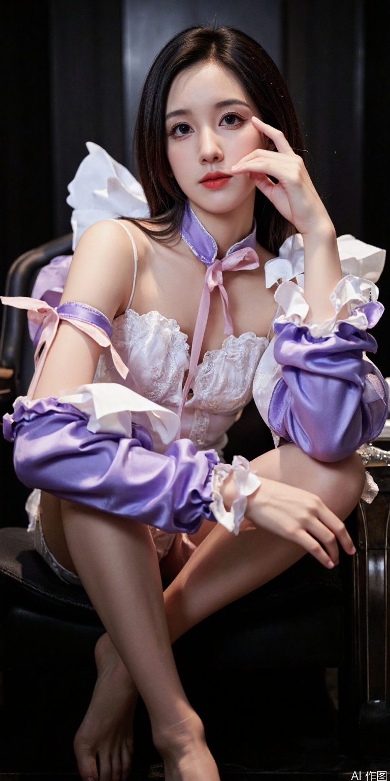 ,score_9 score_8_up score_7_up,1girl,krul tepes,silk clothes,frills,pink ribbons,detached sleeves,sleeves past wrists,sitting on throne,hand on own face,hand on own thigh,legs crossed,glaring,smirk,chiaroscuro,low angle,foot focus,barefoot,feet,toes,toenails,,masterpiece, best quality, absurdres, newest, very aesthetic, amazing quality,highres,sensitive,score_9_up score_8_up score_7_up,,RUANYI0516 purple bodysuit machanic wing,COSPLAY