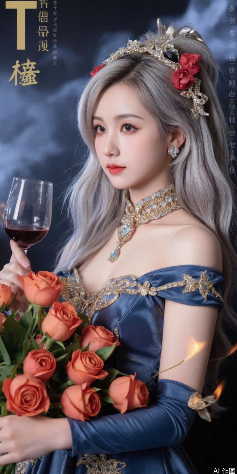 The image is a beautiful Asian woman dressed in elaborate traditional attire that appears to be inspired by East Asian fashion, possibly Chinese or Japanese. She has long silver hair adorned with intricate golden jewelry including earrings, necklaces, and headpieces featuring red roses. She holds a glass filled with red wine, which she raises slightly as if about to take a sip. In her other hand, there's a bouquet of vibrant orange-red roses emitting flames from their stems, suggesting they might have magical properties or represent some form of power within this context. Her bare shoulders low cut revealing dress is richly decorated with gold embroidery against deep blue fabric, giving it an opulent appearance suitable for ceremonial occasions or high-status events. The background features ethereal smoke-like effects adding depth and mystique to the scene. Text elements include stylized calligraphy at the top left corner reading "T" (which translates roughly to 'fate' or 'destiny') followed by smaller text below indicating additional information related to the artwork but not clearly legible due to resolution constraints. There's also vertical script along the right side providing further details likely pertaining to the title or artist signature associated with this piece.,COSPLAY