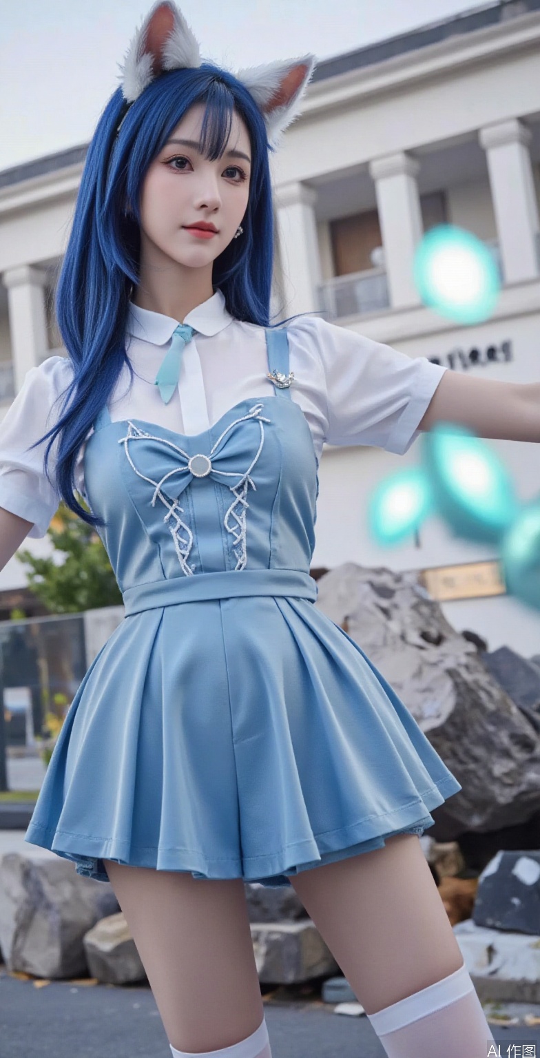 Smooth Quality, anime screencap, anime style, studio anime, 1girl, long hair, fox girl, blue hair, green eyes, white fluff in ears, fluffy tail, medium breasts, blouse, short sleeves, pleated skirt, thigh high socks, glowing eyes, aura, (telekenesis), outstretched arms, floating building, floating debris, floating rocks, ruins, post-apocalypse,COSPLAY,CROSS-LACED MINI DRESS,HARUKA