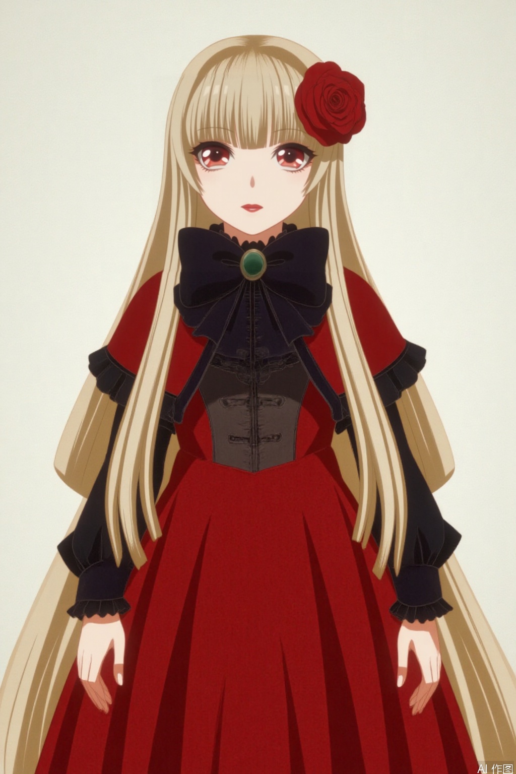 doll_of_saki,long hair,bangs,hair ornament,long sleeves,dress,bow,flower,hair flower,capelet,blonde hair,red eyes,blunt bangs,bowtie,black bow,rose,red flower,red rose,black bowtie
