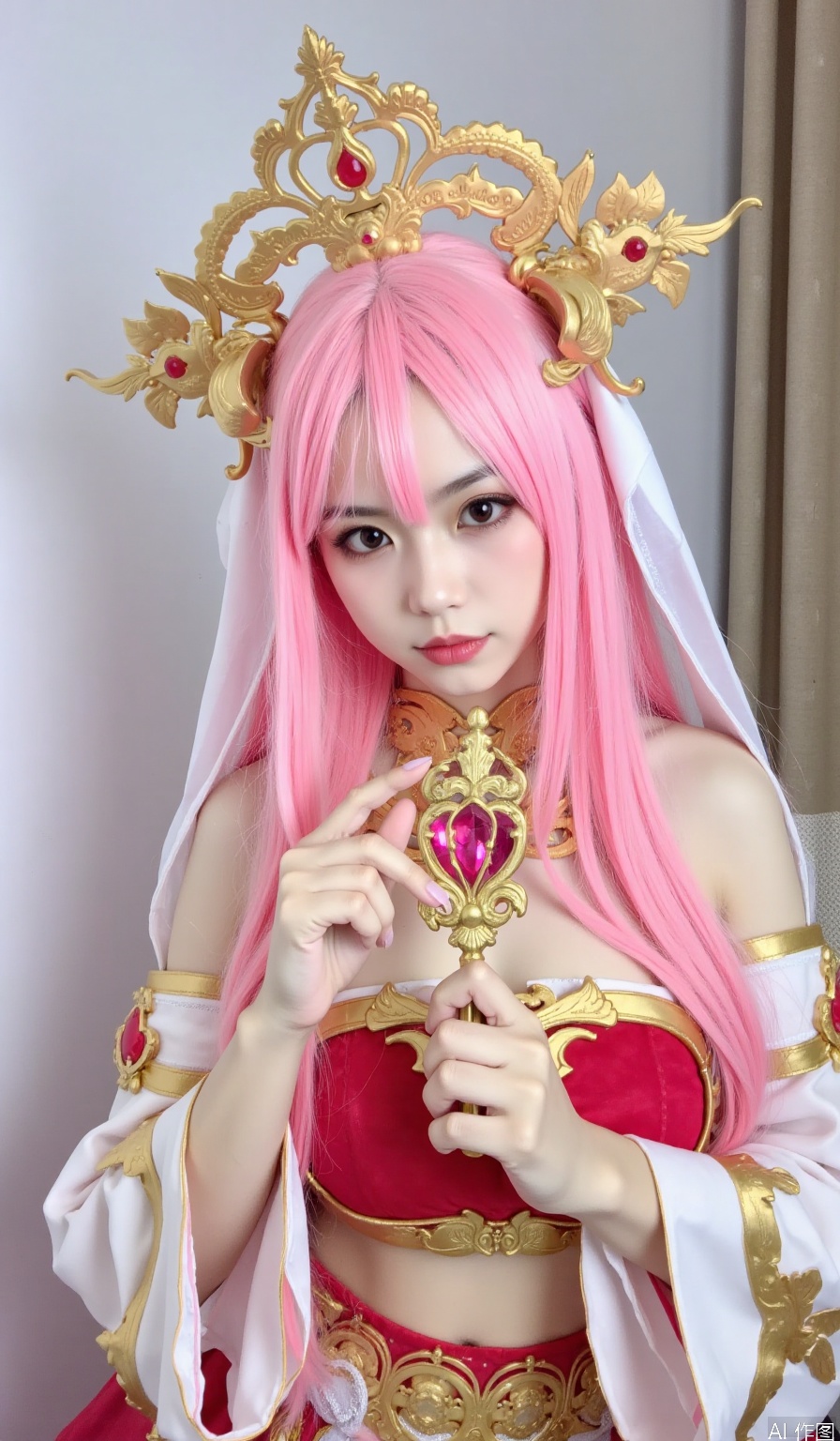 long pink hair, detailed costume, golden headpiece, intricate designs, red white gold, holding small object