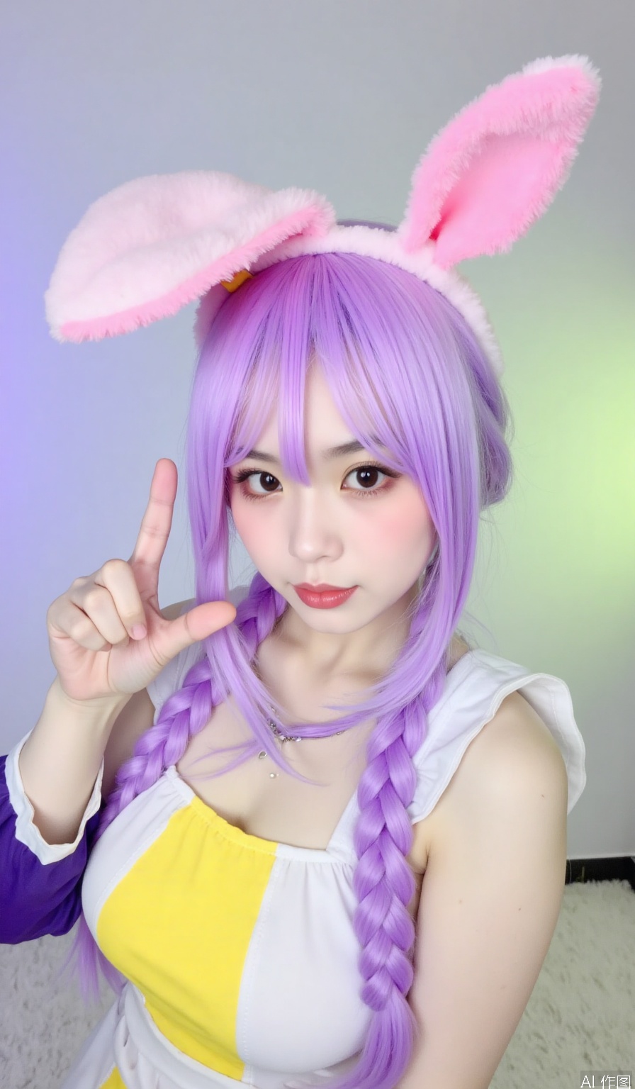 long purple braids, large pink ears, yellow white outfit, purple top, hand gesture