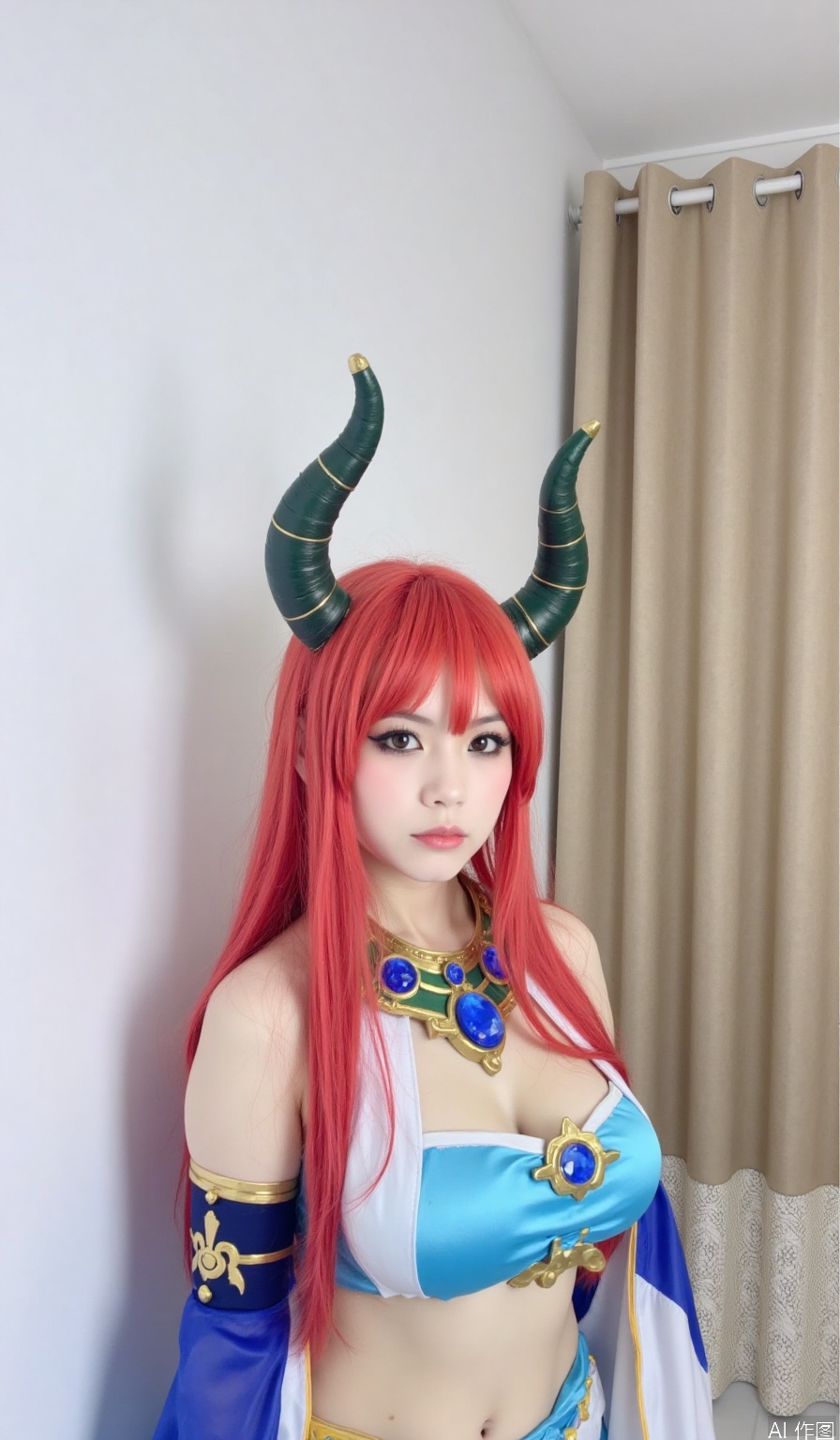 the image is a photograph depicting a person dressed in cosplay attire, the character appears to be inspired by a fantasy role-playing game (rpg) figure, notable for the intricate costume design, the character has pale, fair skin and is wearing a blue and white cosplay outfit that includes a crop top with a detailed design featuring blue gemstones and gold patterns, they also wear matching blue and gold arm bands,

the individual has striking, voluminous, straight red hair that cascades down past their shoulders, they wear a headdress adorned with large, dark green, curved, horn-like decorations, which enhance the fantastical appearance,

their makeup includes dramatic dark eyeliner, giving their eyes an intense look, and a neutral lip color, the background features a plain white wall on the left side of the image, and beige vertical blinds partially covering a window on the right, this simple setting brings full focus to the character and their elaborate costume,

the textures in the costume include a blend of satin-like and soft cotton materials, which add a luxurious feel to the overall appearance, the photographs clarity highlights the detailed craftsmanship of the attire and the vibrant expression of the character