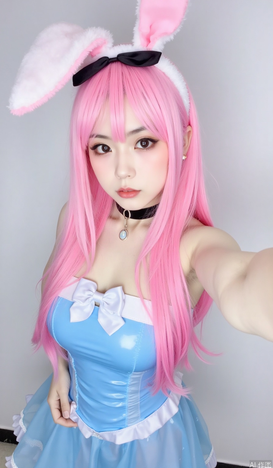 cosplay photo of a young woman with long pink hair and bunny ears, wearing a blue latex outfit with white frills, pale skin, high angle, black hairband, looking at the camera with a serious expression, bangs, bright eye makeup, medium close-up, from youtube, solo