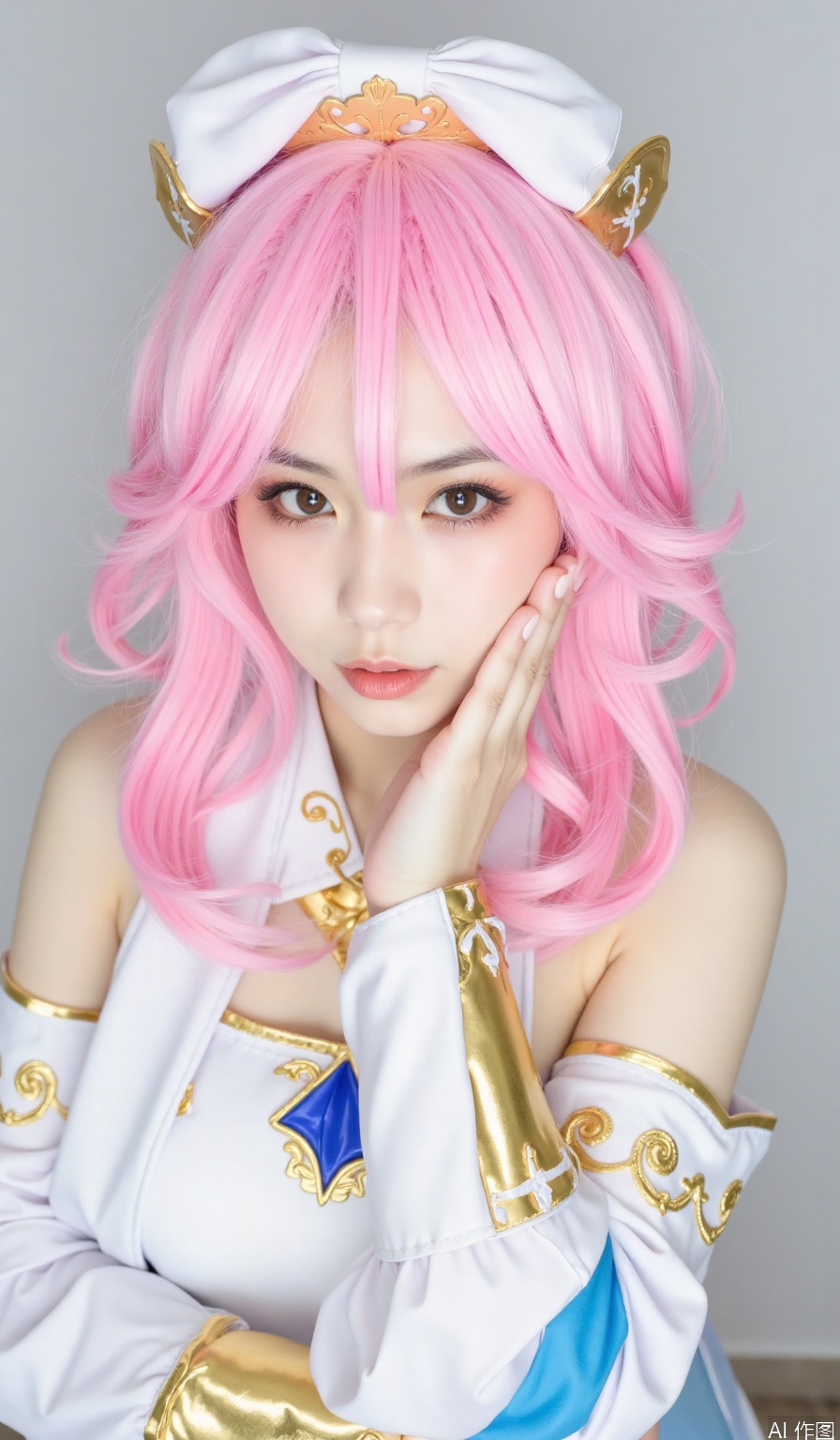 photograph of a light-skinned woman with shoulder-length, wavy, pastel pink wig, wearing a white cosplay outfit with intricate gold and blue detailing, resting her hand near her face