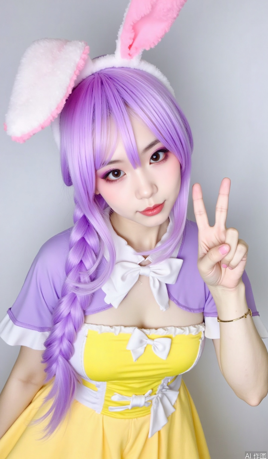 hair bow, full_body, photo (medium), rabbit ears, sfw, makeup, solo, purple_eyeshadow, yellow dress, cosplay photo, purple hair, cosplay, eye_shadow, looking_at_viewer, v, bangs, dress, rabbit pose, purple_capelet, hair between eyes, long hair, 1girls, wrist bracelet, long braid, blush
