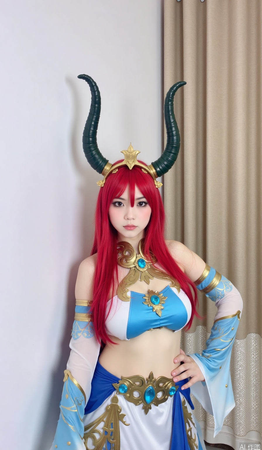 the image is a photograph depicting a person dressed in cosplay attire, the character appears to be inspired by a fantasy role-playing game (rpg) figure, notable for the intricate costume design, the character has pale, fair skin and is wearing a blue and white cosplay outfit that includes a crop top with a detailed design featuring blue gemstones and gold patterns, they also wear matching blue and gold arm bands,

the individual has striking, voluminous, straight red hair that cascades down past their shoulders, they wear a headdress adorned with large, dark green, curved, horn-like decorations, which enhance the fantastical appearance,

their makeup includes dramatic dark eyeliner, giving their eyes an intense look, and a neutral lip color, the background features a plain white wall on the left side of the image, and beige vertical blinds partially covering a window on the right, this simple setting brings full focus to the character and their elaborate costume,

the textures in the costume include a blend of satin-like and soft cotton materials, which add a luxurious feel to the overall appearance, the photographs clarity highlights the detailed craftsmanship of the attire and the vibrant expression of the character