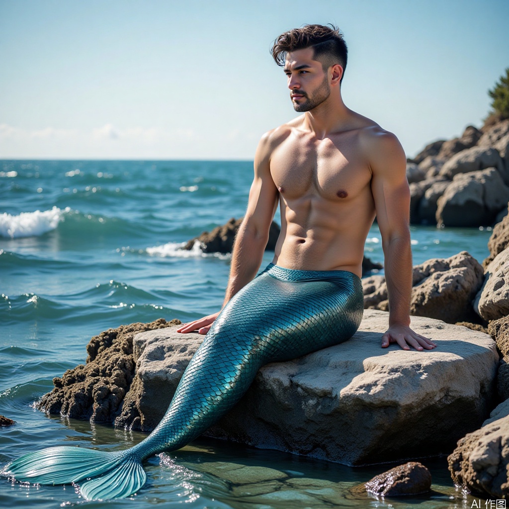 1boy, mermaid, male mermaid, handsome,male Mermaid, sitting on a rock by the sea,detailed fish scales, tough appearance
