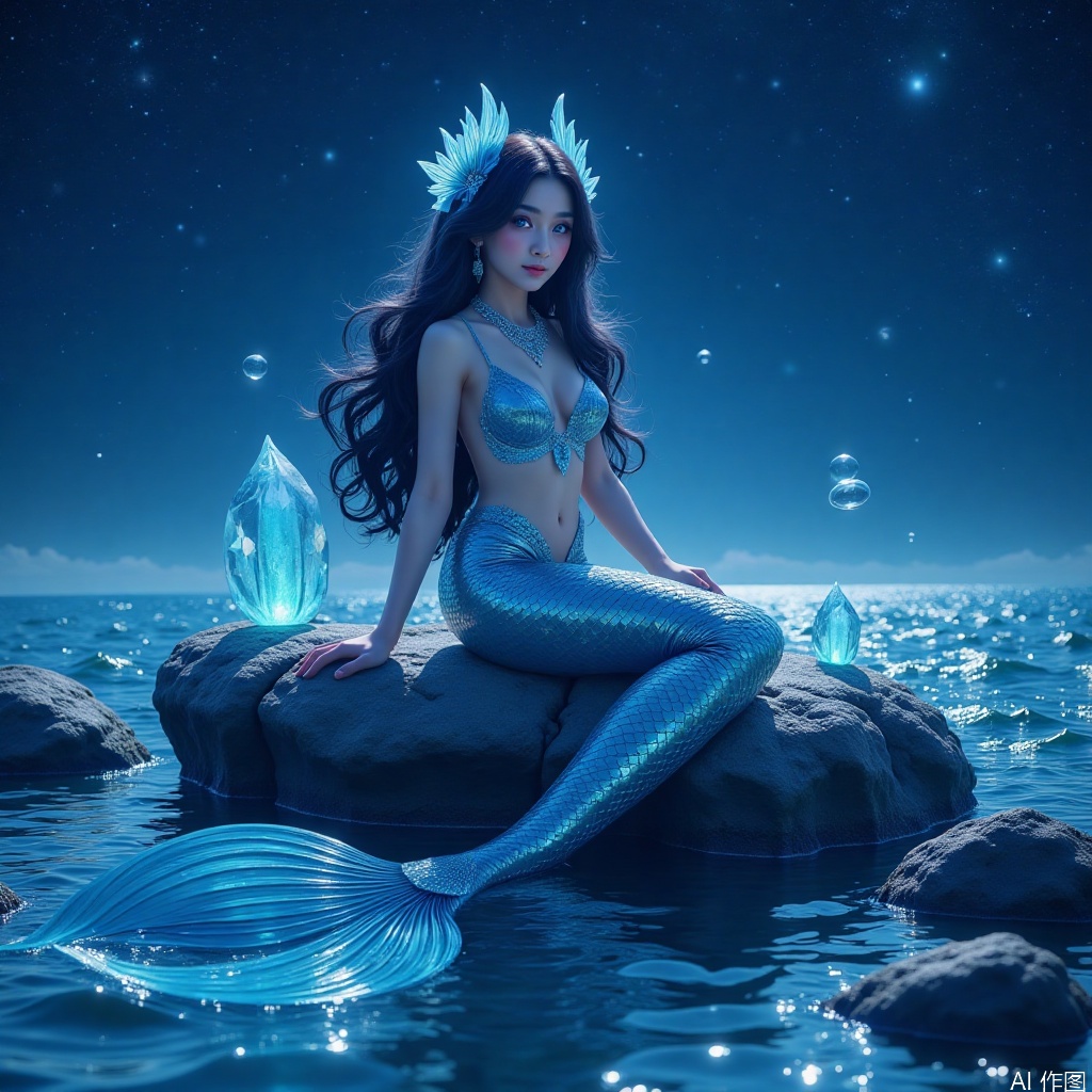 1girl, mermaid, female male mermaid,beautiful girl,female Mermaid sitting on a rock by the sea,detailed fish scales,long big fish tails,bubbles,black hair,blue eyes Bubble crystals,glowing eyes,jewelry,long hair,looking at the audience,necklace,ocean,solo,space,stars \(sky\),dress