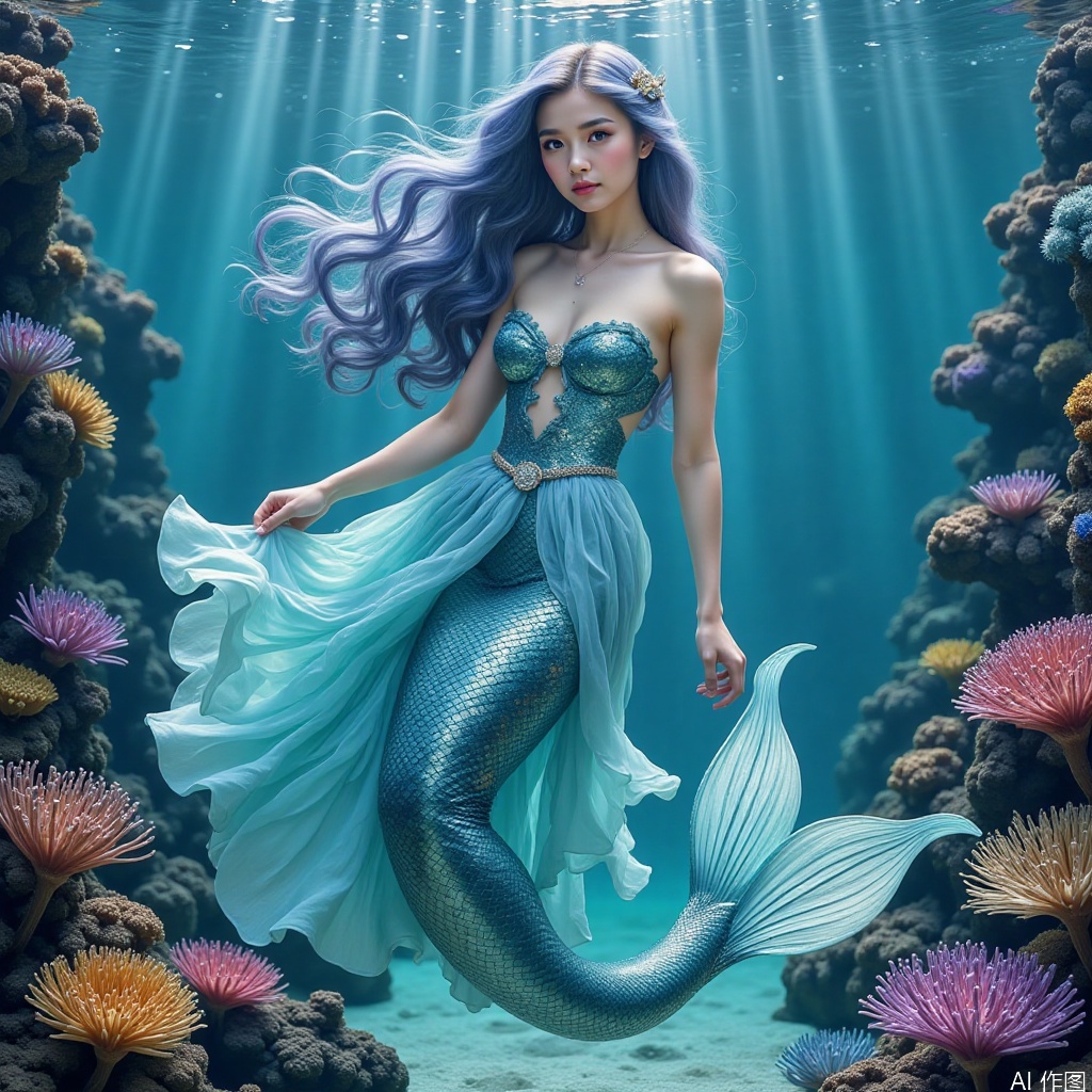 1girl, mermaid, female male mermaid,beautiful girl,dress
