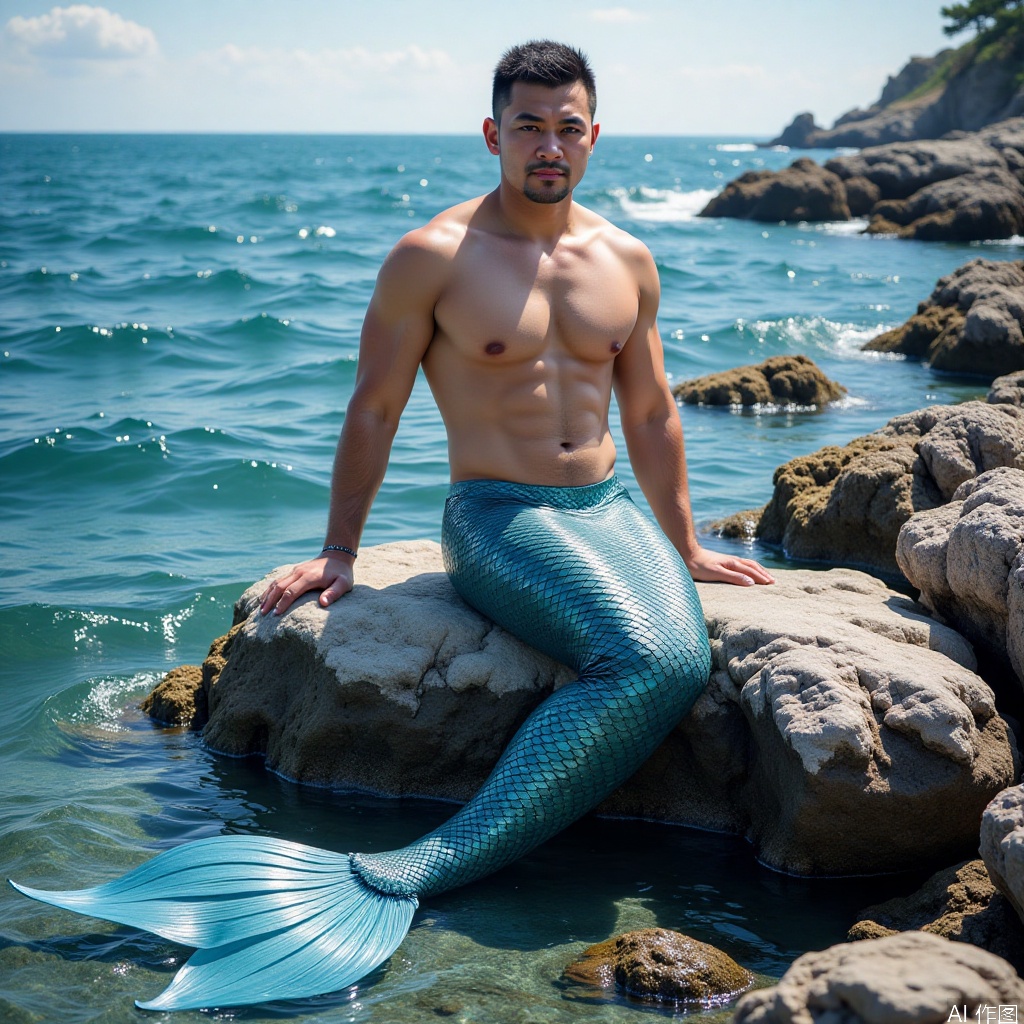 1boy, mermaid, male mermaid, handsome,male Mermaid, sitting on a rock by the sea,detailed fish scales, tough appearance