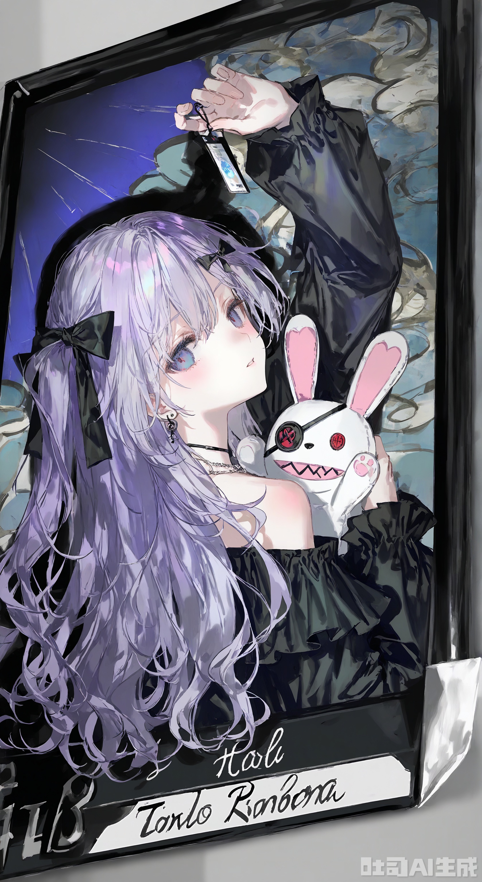 1 girl, hethroma, solo, plush toy, looking at the audience, long hair, purple eyes, plush rabbit, plush animal, facing up, upper body, purple hair, holding, bare shoulder, long sleeves, bare shoulders, white background, earrings, red eyes, shirt, bow, necklace, black shirt, blush, holding plush toy, ribbon, black ribbon, hair bow, black bow, hair ribbon, separate lips, look back, simple background, hair ornament, double tail, off-shoulder shirt,

Artist: quasarcake, ((artist: reoen), (artist: fuzichoco), (artist: atdan), 2025: 0.8), (card_\(theme\): 1.1), solo, (white-color-scheme: 1.1), character card, thick line, solo, mural, holy light, card border, frame pattern,Tarot,Mumu style,line draft,ChuJiujiu