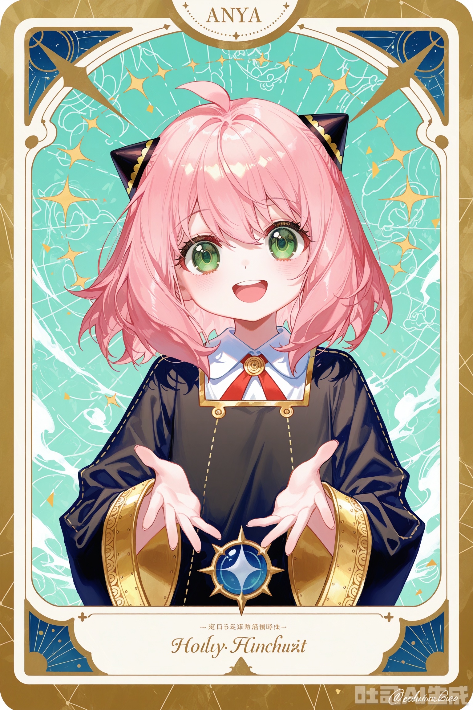 Solid color background, handsome theme, solo, exquisite background, frame: 1.2, whole body,
／／
／／
Sentter,(imazawa:0.2),(maccha_(mochancc):0.3),(ningen_mame:0.8),(mochizuki_kei:0.75),
／／

Artist: quasarcake, ((artist: reoen), (artist: fuzichoco), (artist: atdan), 2025: 0.8), (card_\(theme\): 1.1), solo, (white-color-scheme: 1.1), character card, thick line, solo, mural, holy light, card border, frame pattern,Tarot,Mumu style,line draft,ChuJiujiu
／／
Stretch out your arms,open your hands
／／

1girl, solo, looking at viewer, blush, smile, open mouth, bangs, long sleeves, dress, ribbon, hair between eyes, green eyes, upper body, pink hair, ahoge, :d, teeth, signature, wide sleeves, medium hair, black dress, neck ribbon, upper teeth only, child, green background, female child, hairpods, triangle, anya \(spy x family\)

