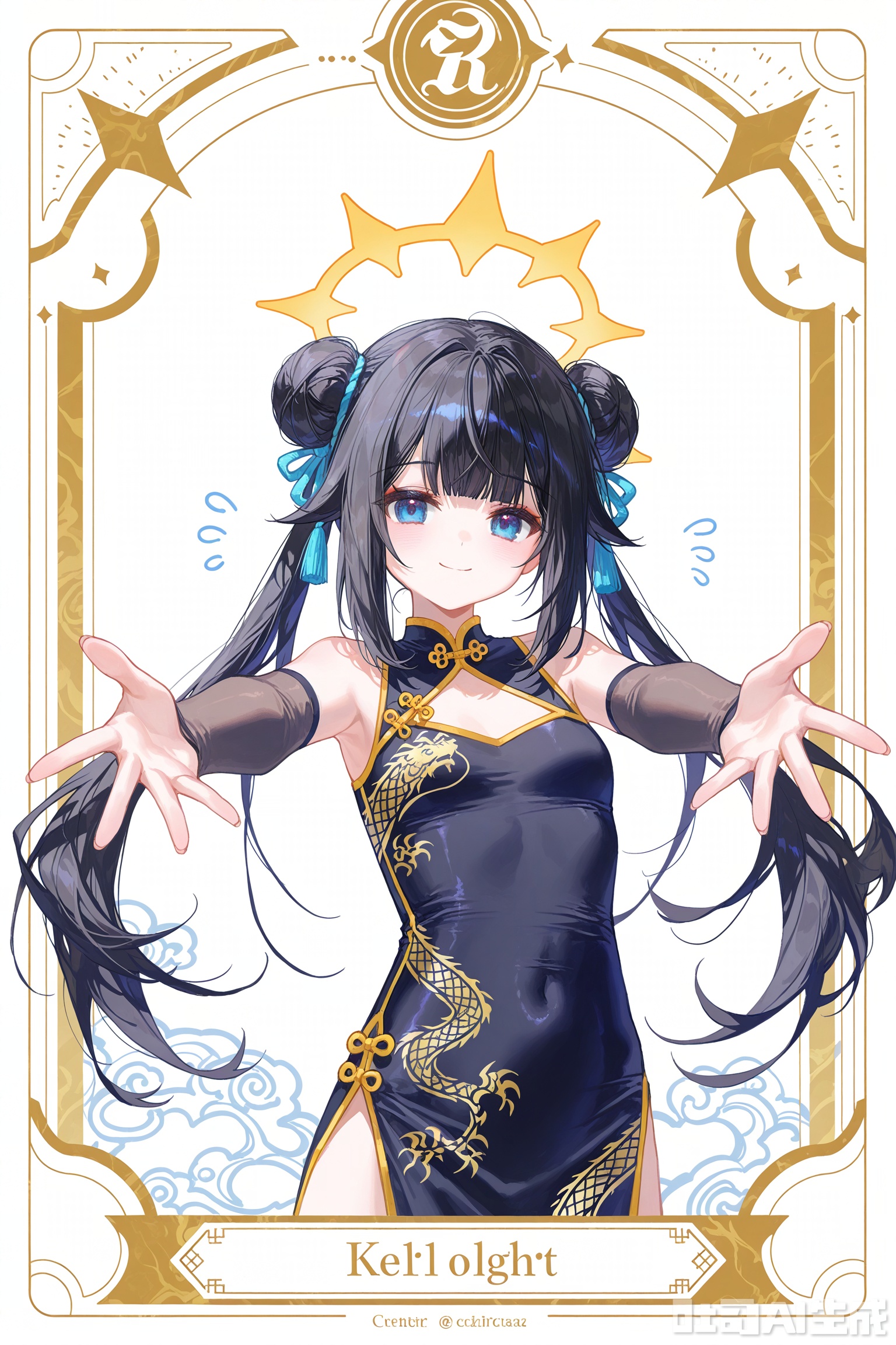 Solid color background, handsome theme, solo, exquisite background, frame: 1.2, whole body,
／／
／／
Sentter,(imazawa:0.2),(maccha_(mochancc):0.3),(ningen_mame:0.8),(mochizuki_kei:0.75),
／／

Artist: quasarcake, ((artist: reoen), (artist: fuzichoco), (artist: atdan), 2025: 0.8), (card_\(theme\): 1.1), solo, (white-color-scheme: 1.1), character card, thick line, solo, mural, holy light, card border, frame pattern,Tarot,Mumu style,line draft,ChuJiujiu
／／
Stretch out your arms,open your hands
／／

1girl, solo, long hair, looking at viewer, smile, bangs, blue eyes, simple background, black hair, white background, dress, twintails, hair bun, black dress, double bun, covered navel, halo, chinese clothes, flying sweatdrops, outstretched arms, china dress